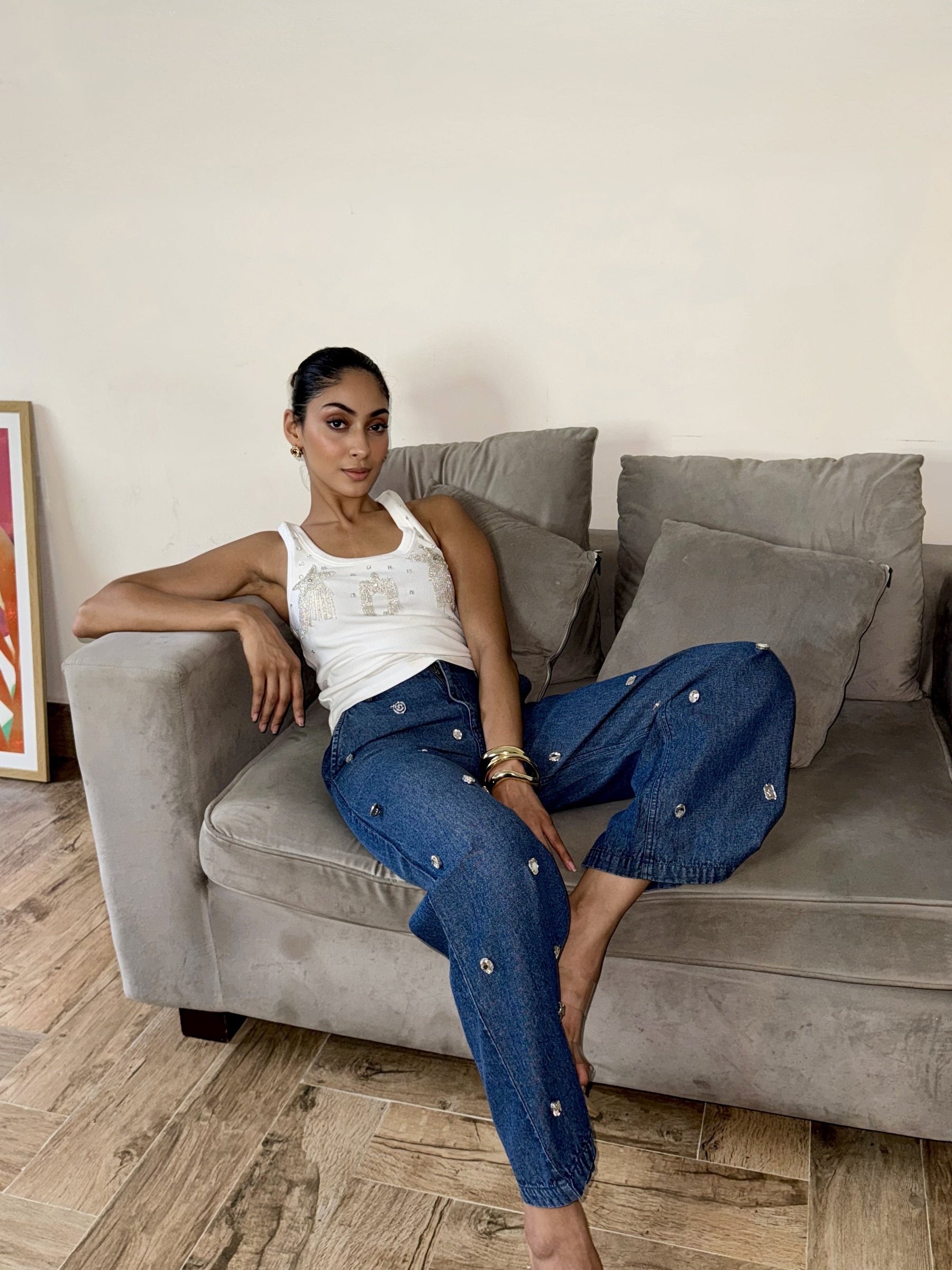 Stainless Steel Charm Denim Straight Jeans