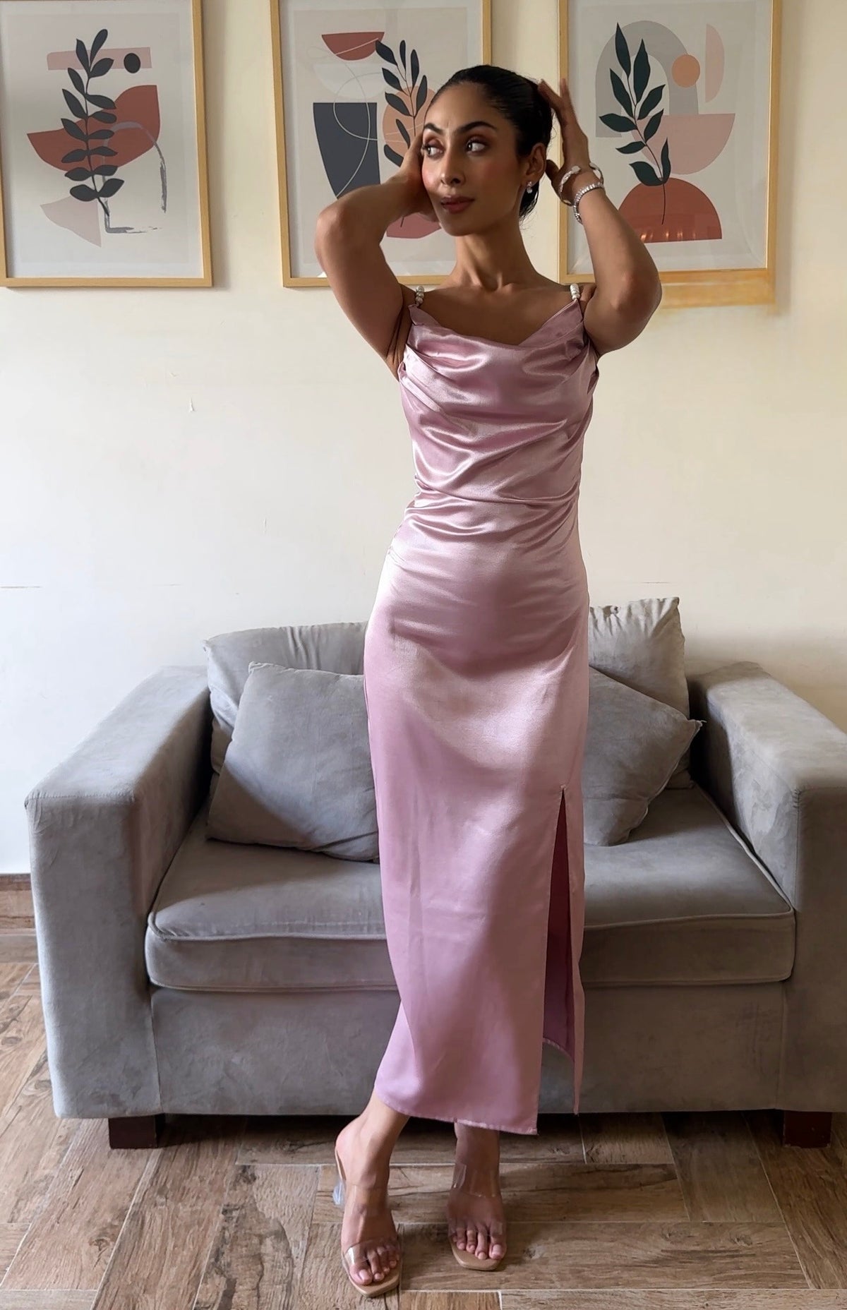 Pink Cowl Neck Maxi Dress with Slit