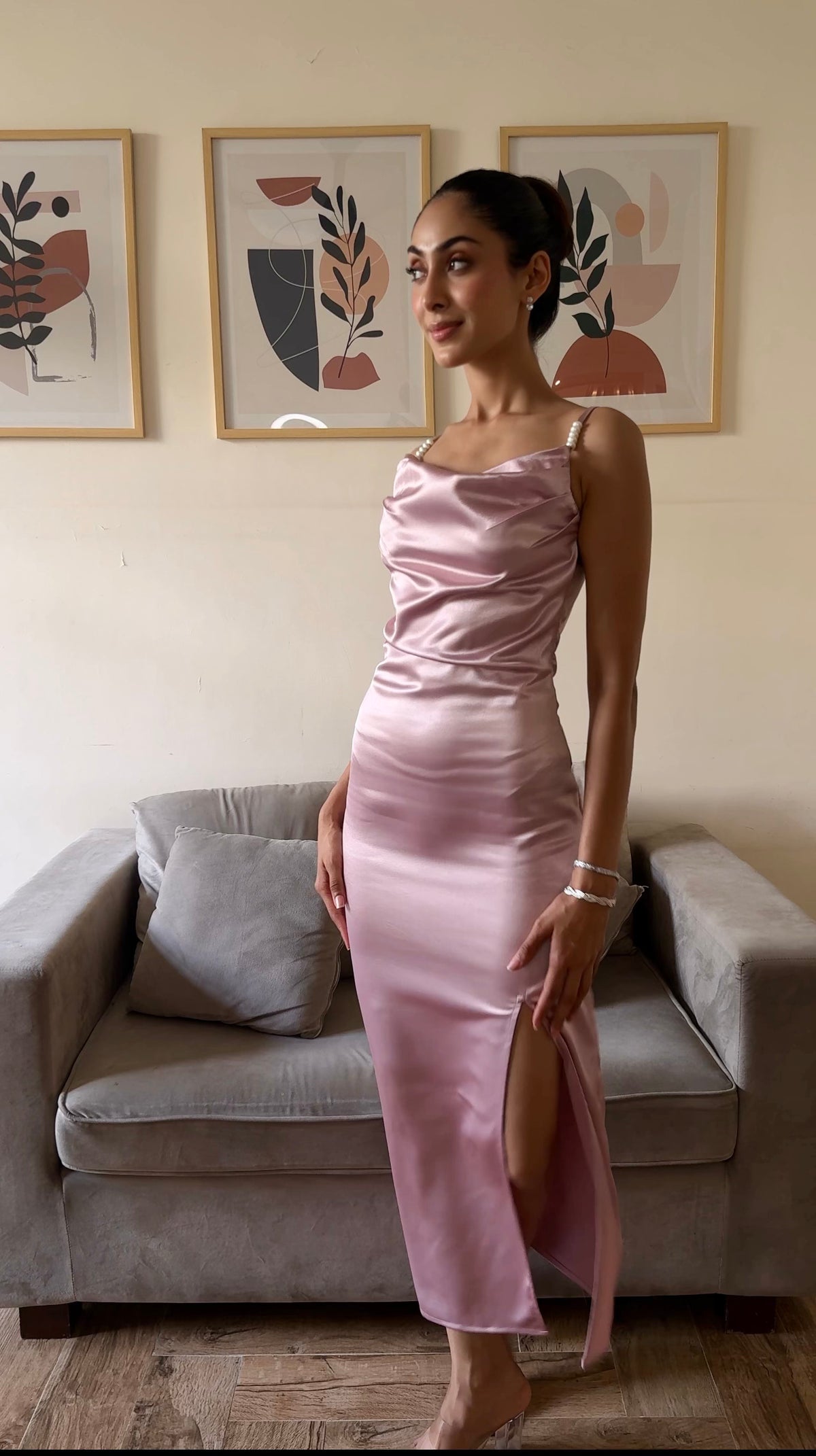 Pink Cowl Neck Maxi Dress with Slit
