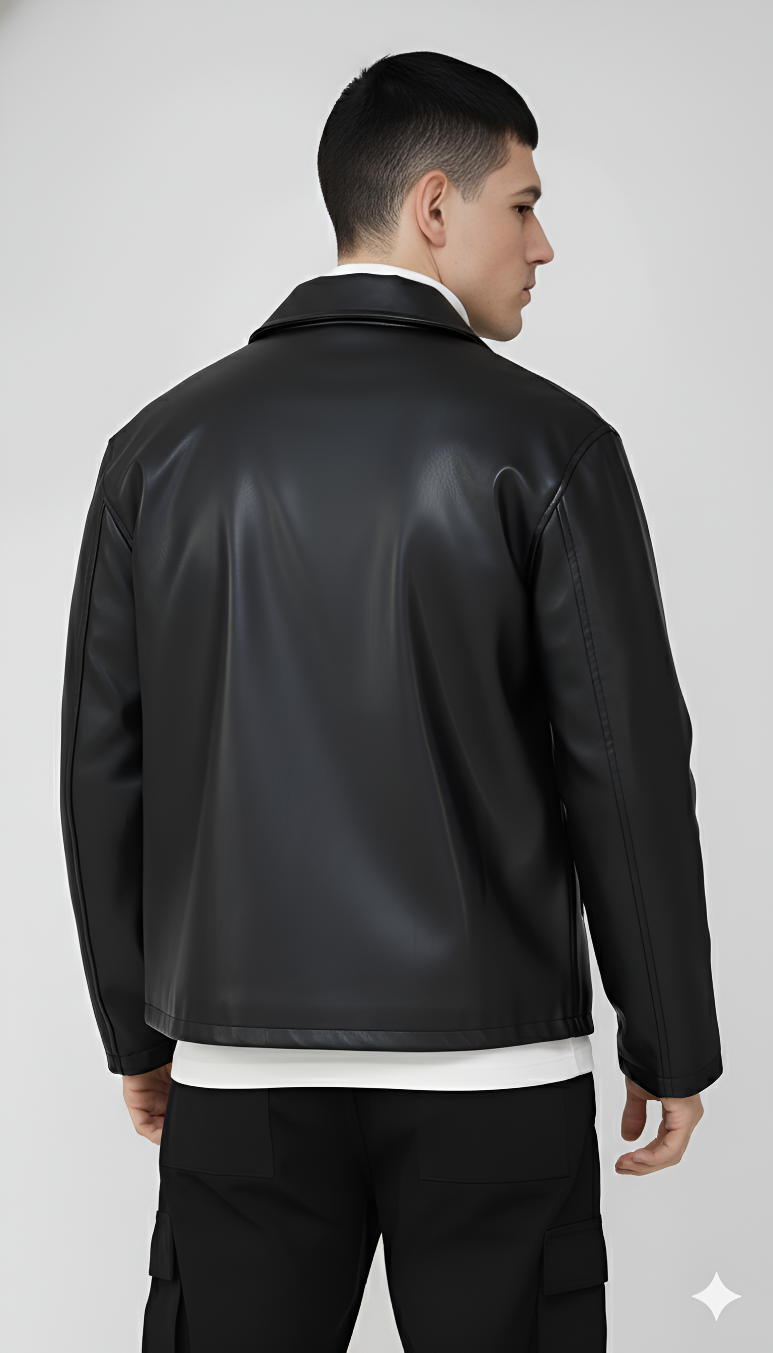 Classic Black Faux Leather Zip-Up Jacket -Men