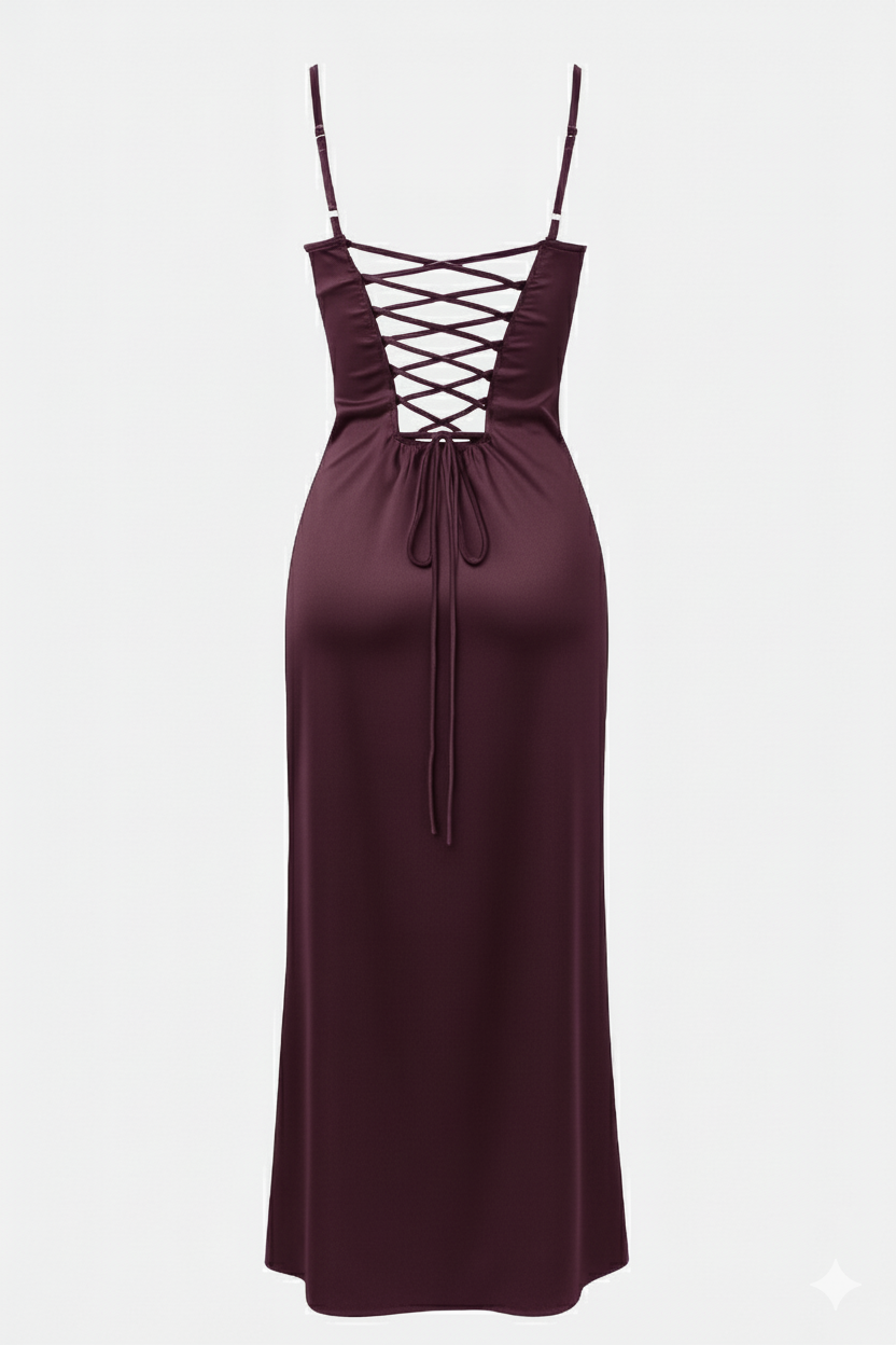 Plum Satin Lace-Up Back Dress