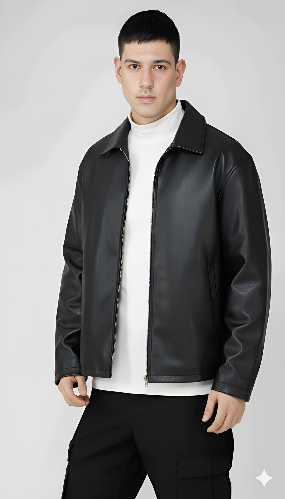 Classic Black Faux Leather Zip-Up Jacket -Men