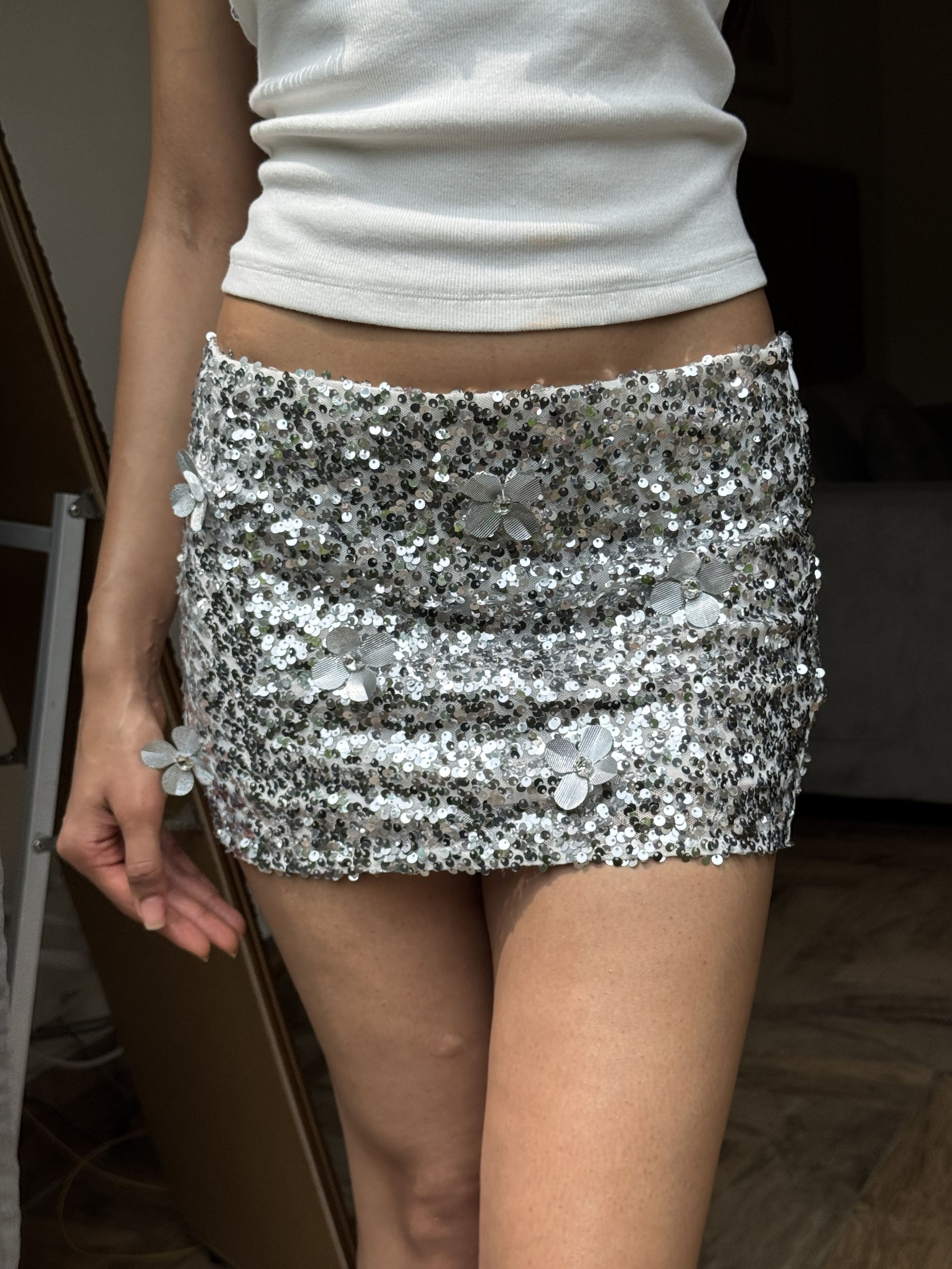 Silver Sequin Mini Skirt
