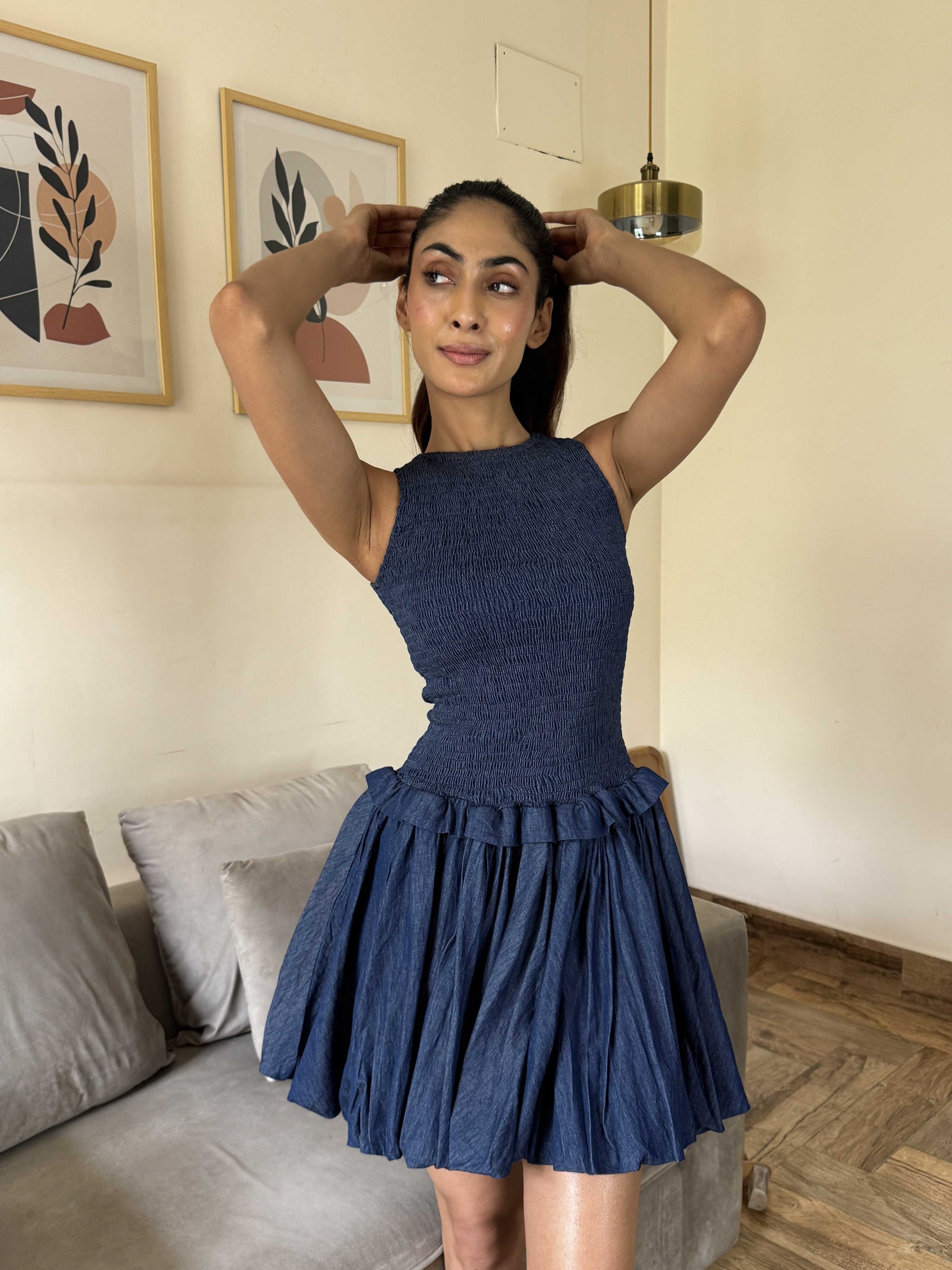 Denim Bubble Hem Mini Dress