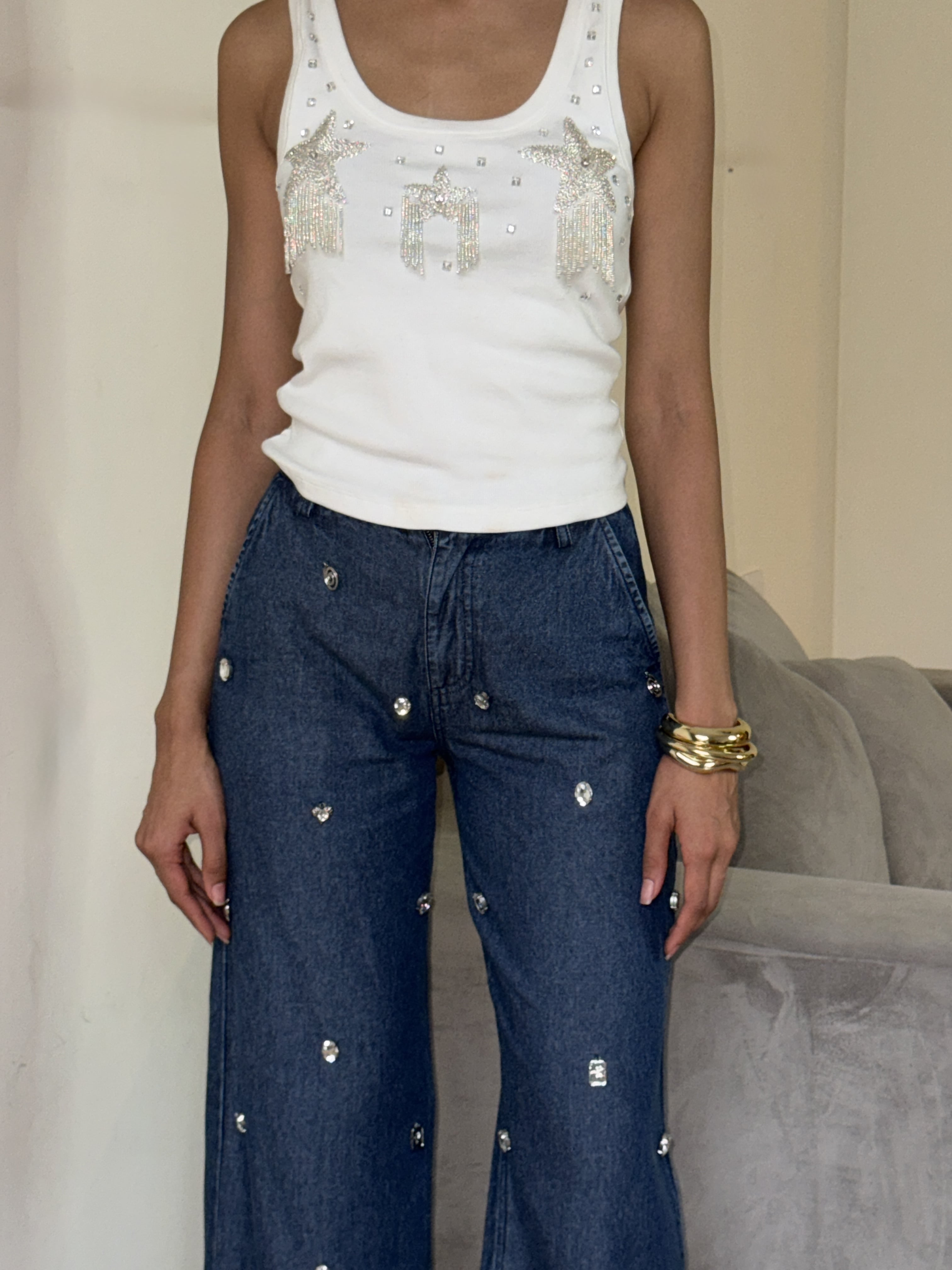 Stainless Steel Charm Denim Straight Jeans