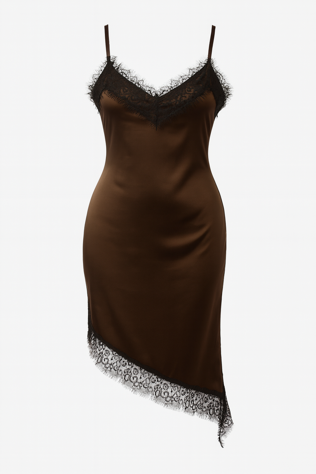 Brown Satin Slip Dress with Black Lace Trim