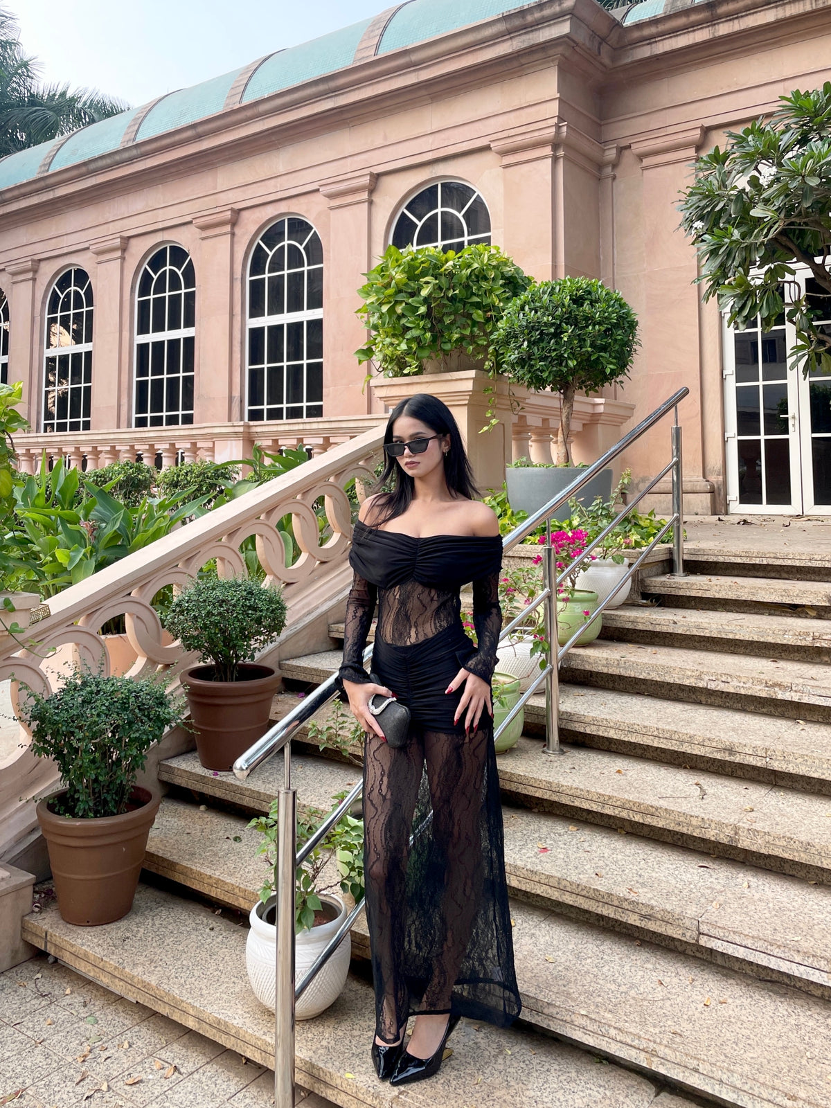 Black Sheer Lace Off-Shoulder Ruched Bodycon Dress