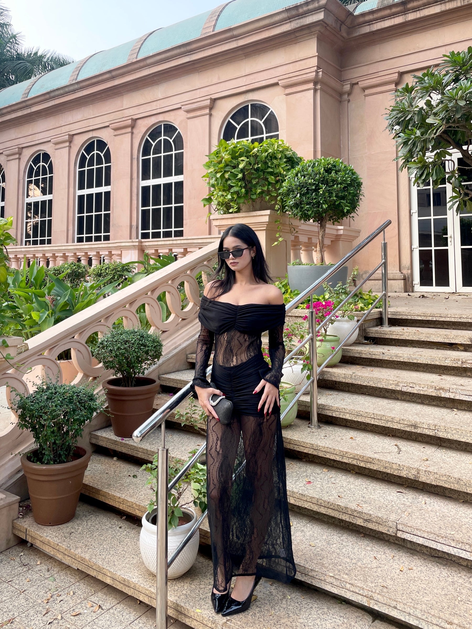 Black Sheer Lace Off-Shoulder Ruched Bodycon Dress