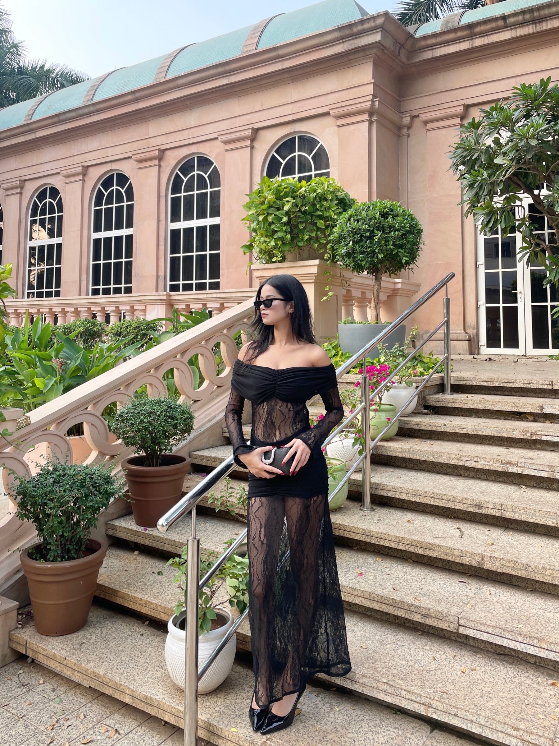 Black Sheer Lace Off-Shoulder Ruched Bodycon Dress