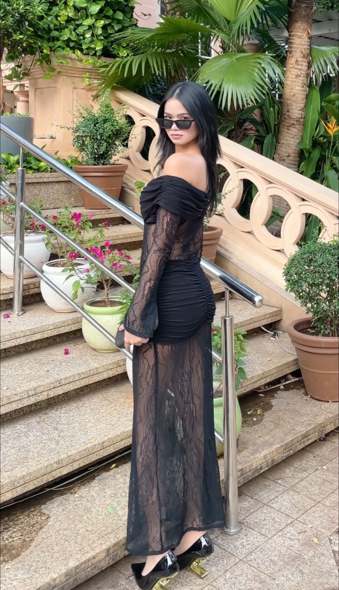 Black Sheer Lace Off-Shoulder Ruched Bodycon Dress