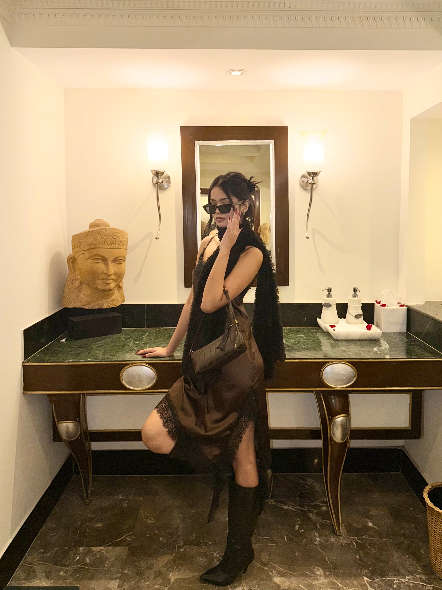 Brown Satin Slip Dress with Black Lace Trim