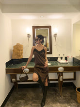 Brown Satin Slip Dress with Black Lace Trim