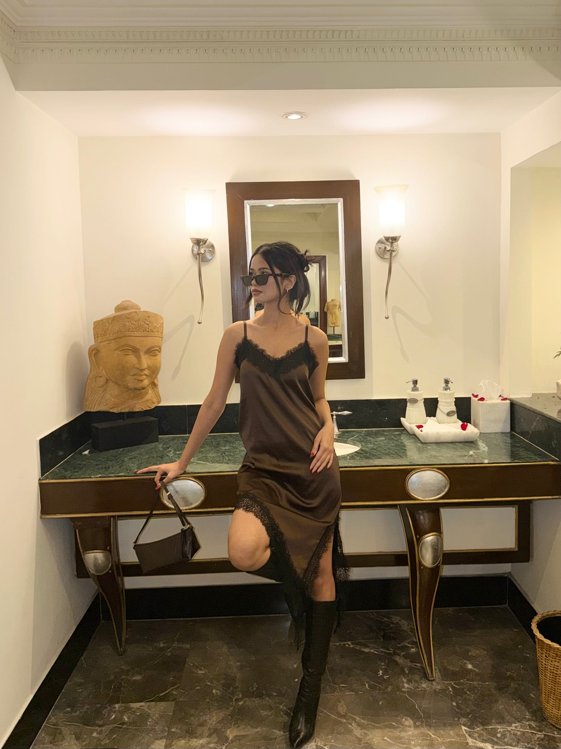 Brown Satin Slip Dress with Black Lace Trim