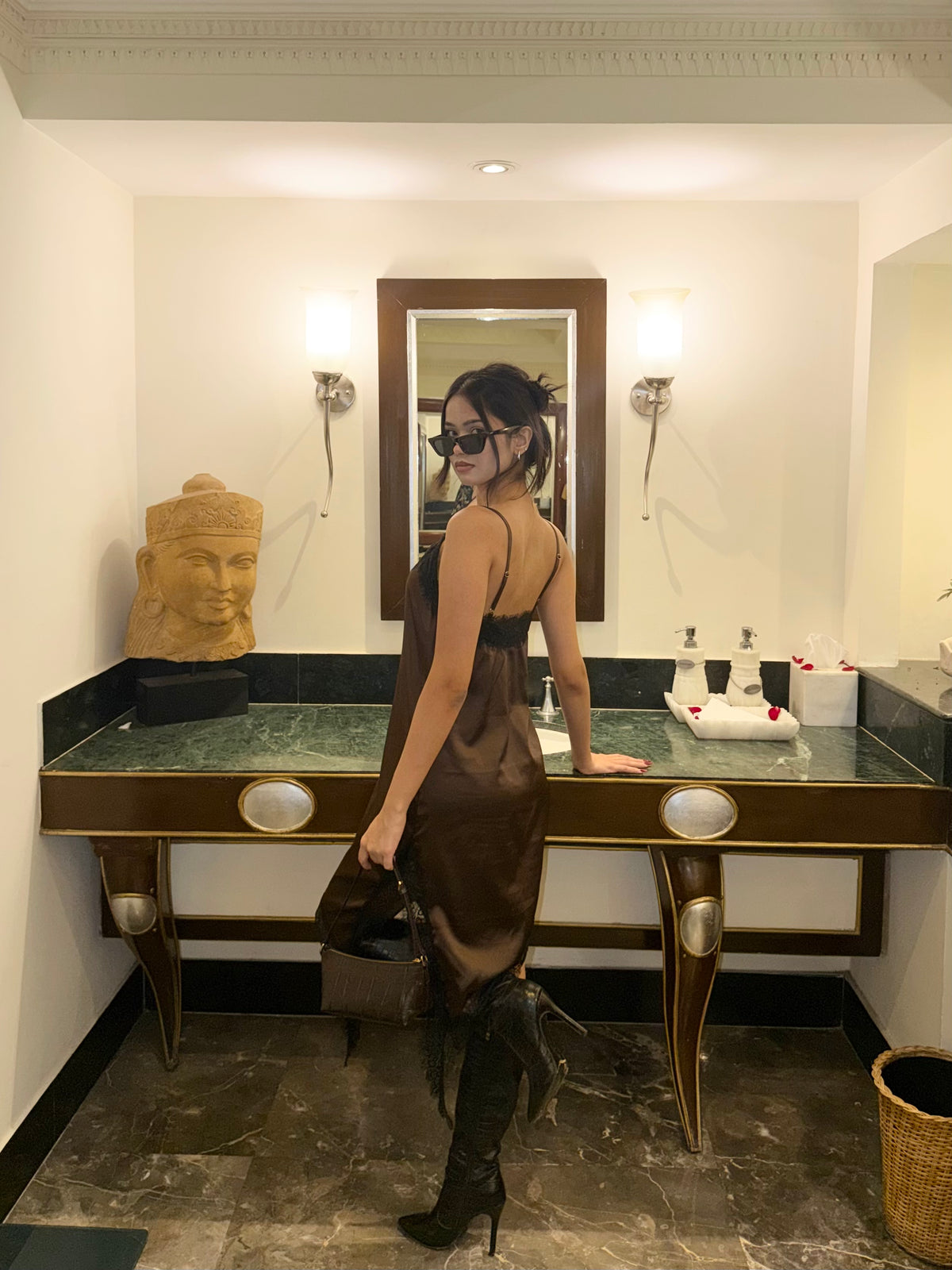 Brown Satin Slip Dress with Black Lace Trim