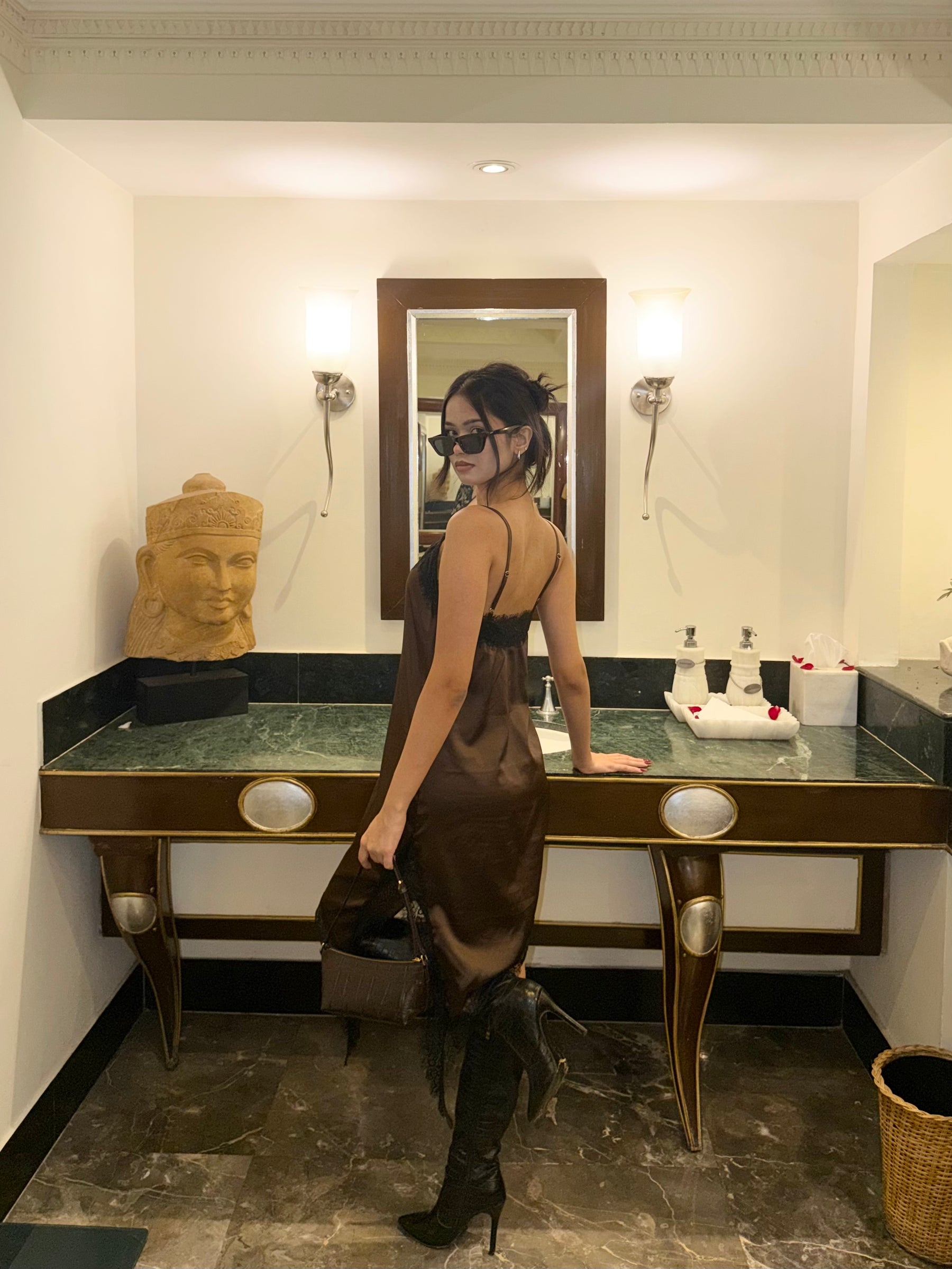 Brown Satin Slip Dress with Black Lace Trim