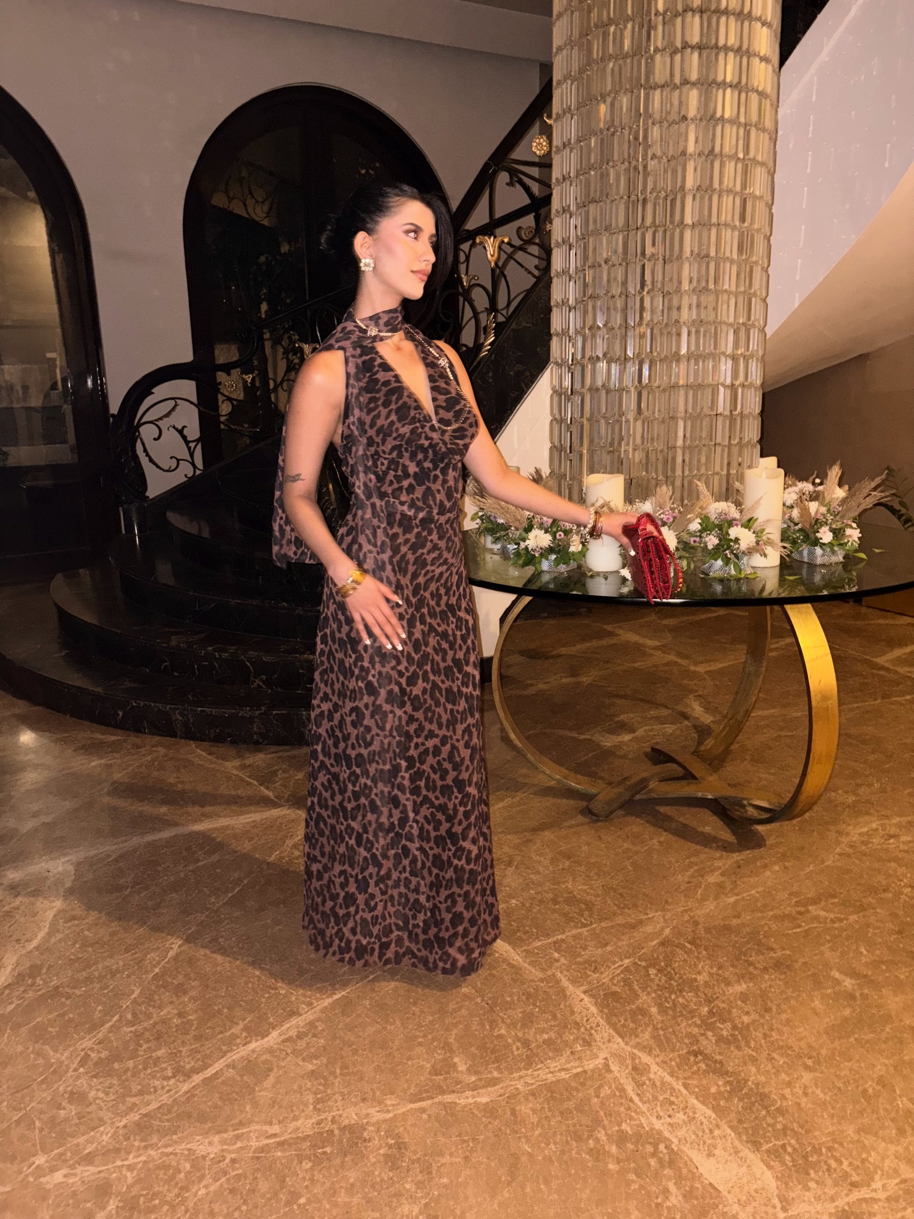 Leopard Print Cowl Neck Maxi Dress With Scarf