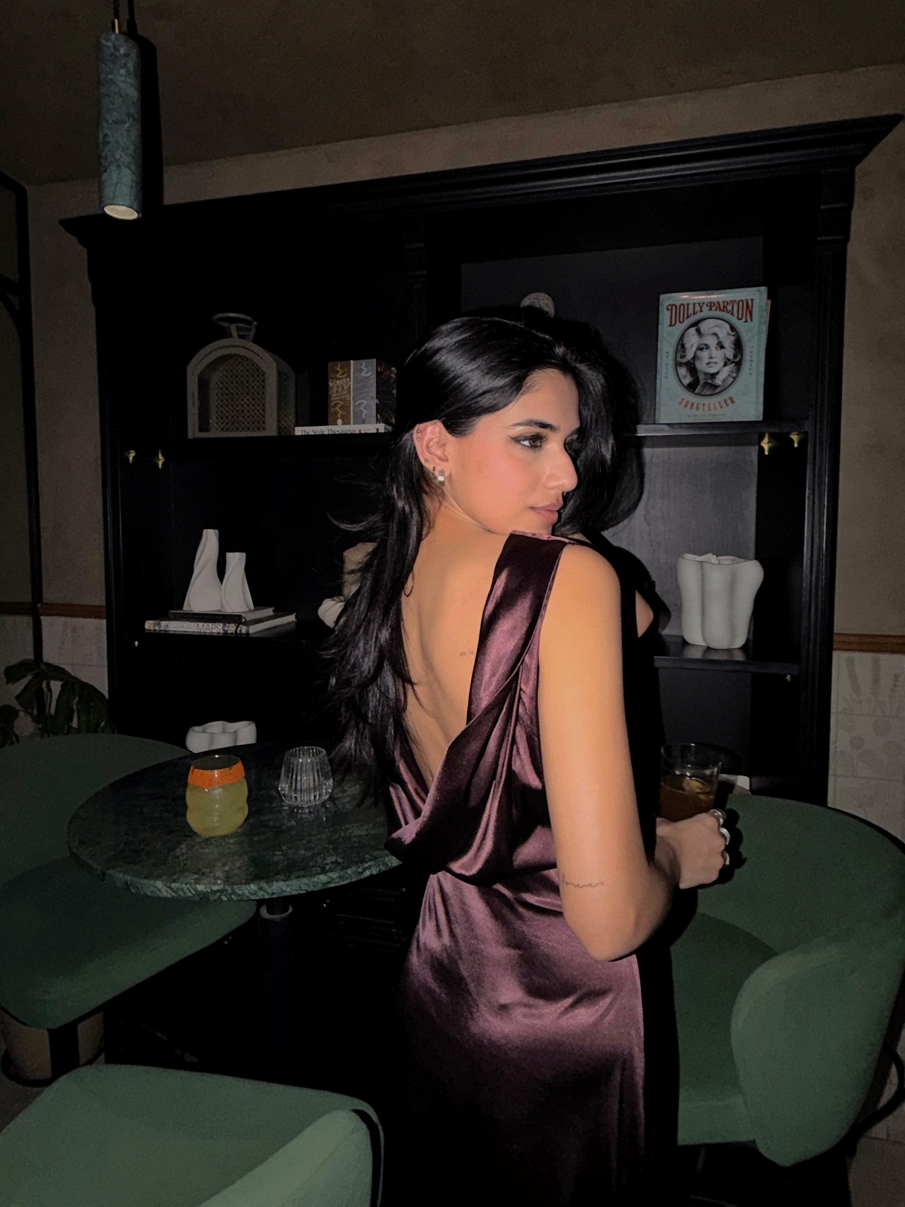 Midnight Plum Cowl Back Satin Maxi Dress