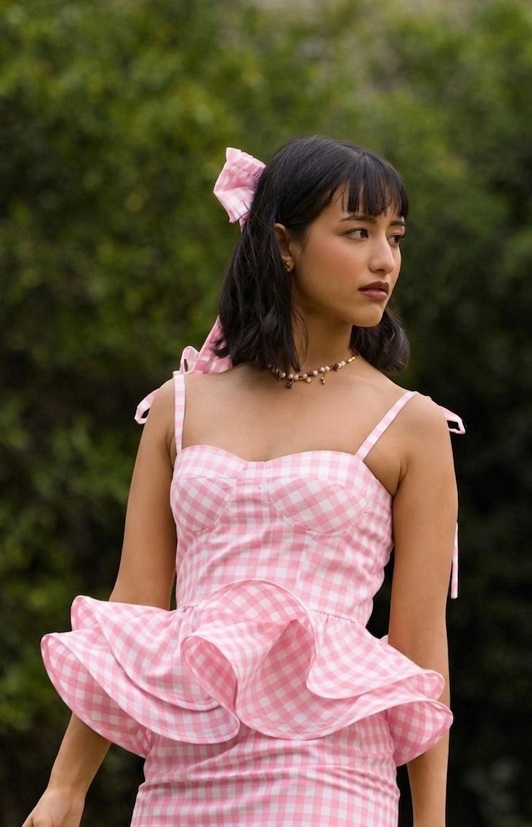 Pink Gingham Peplum Top & Skirt Set