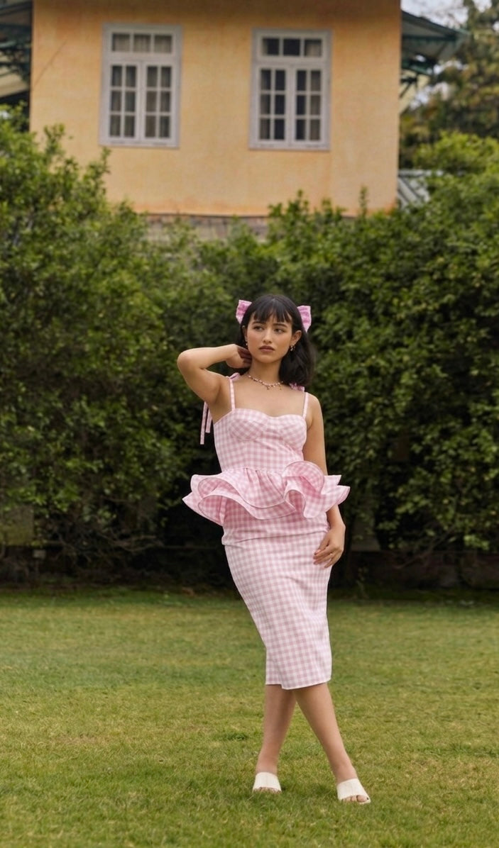 Pink Gingham Peplum Top & Skirt Set
