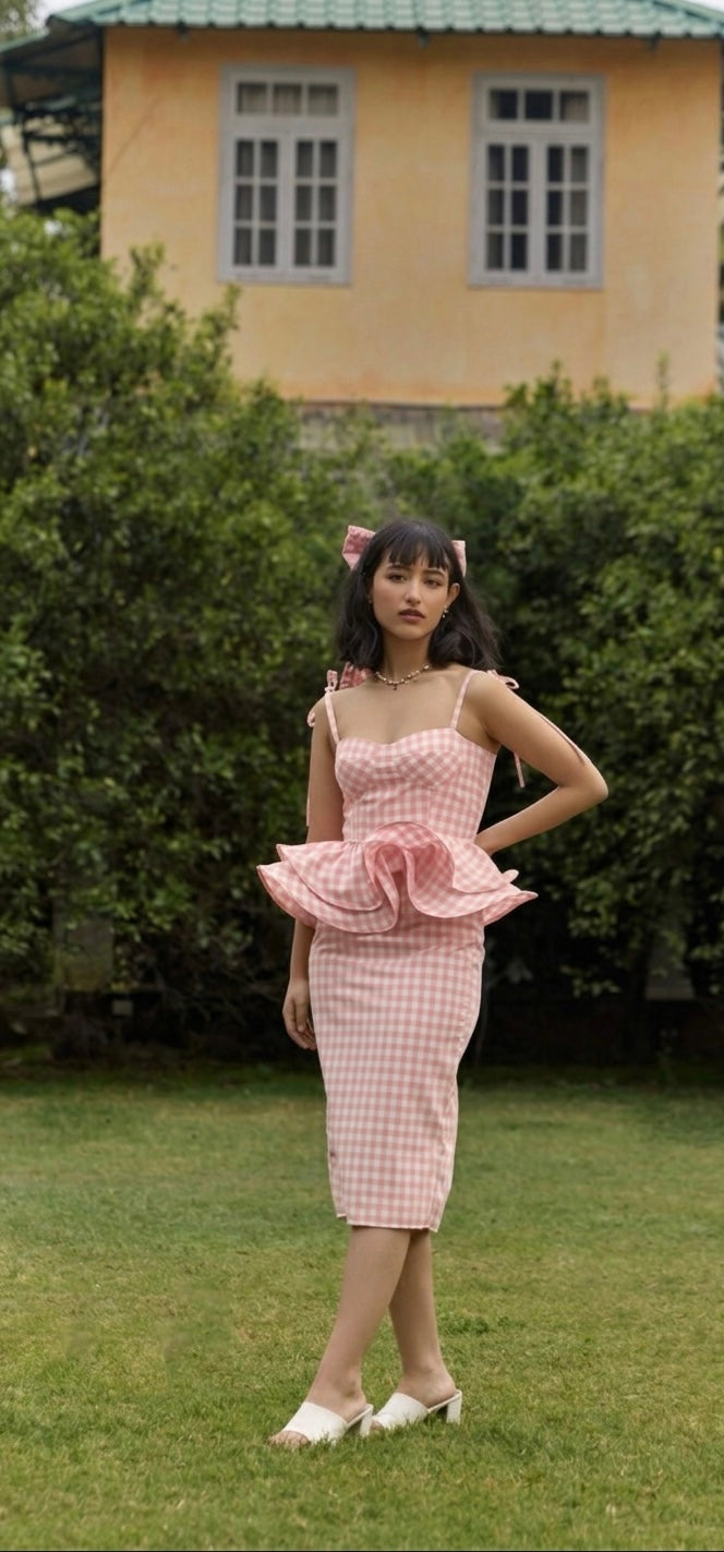Pink Gingham Peplum Top & Skirt Set