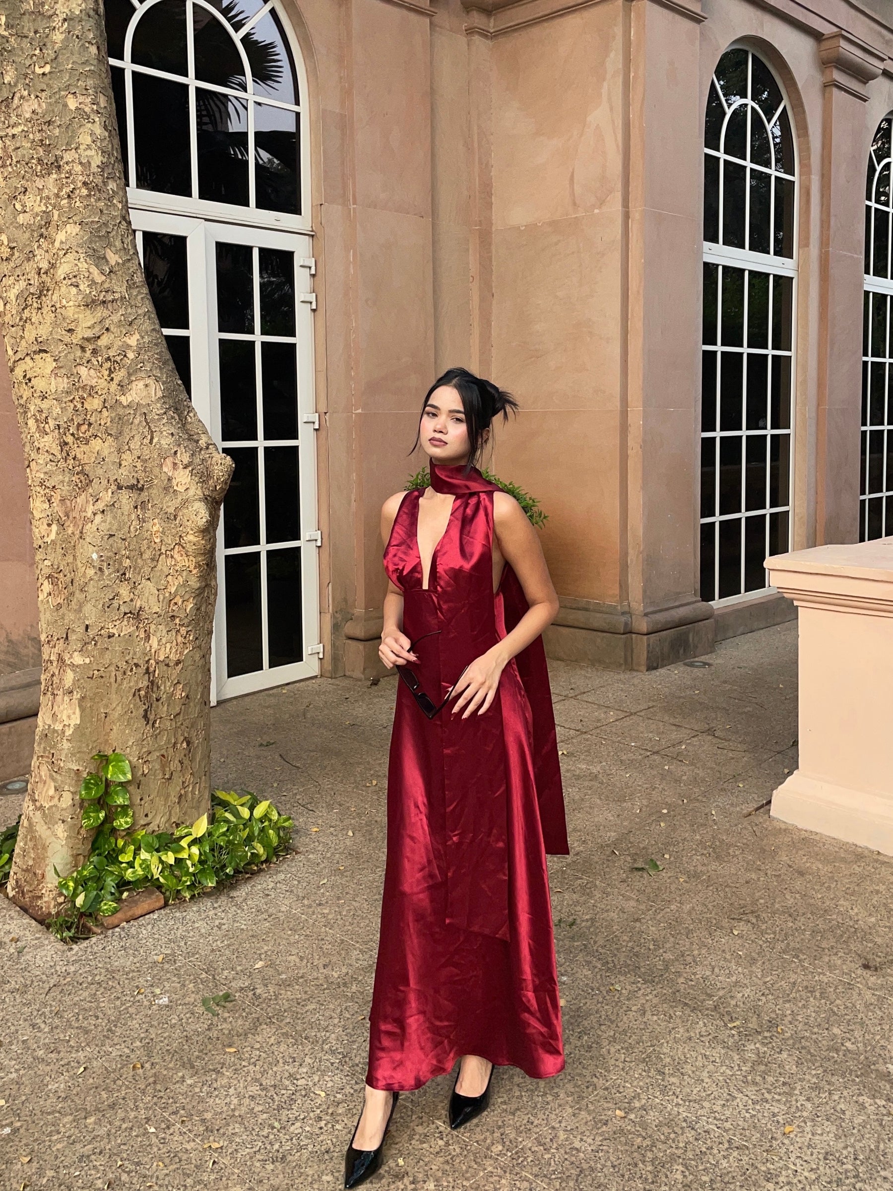 Crimson Allure Deep V Satin Maxi Dress