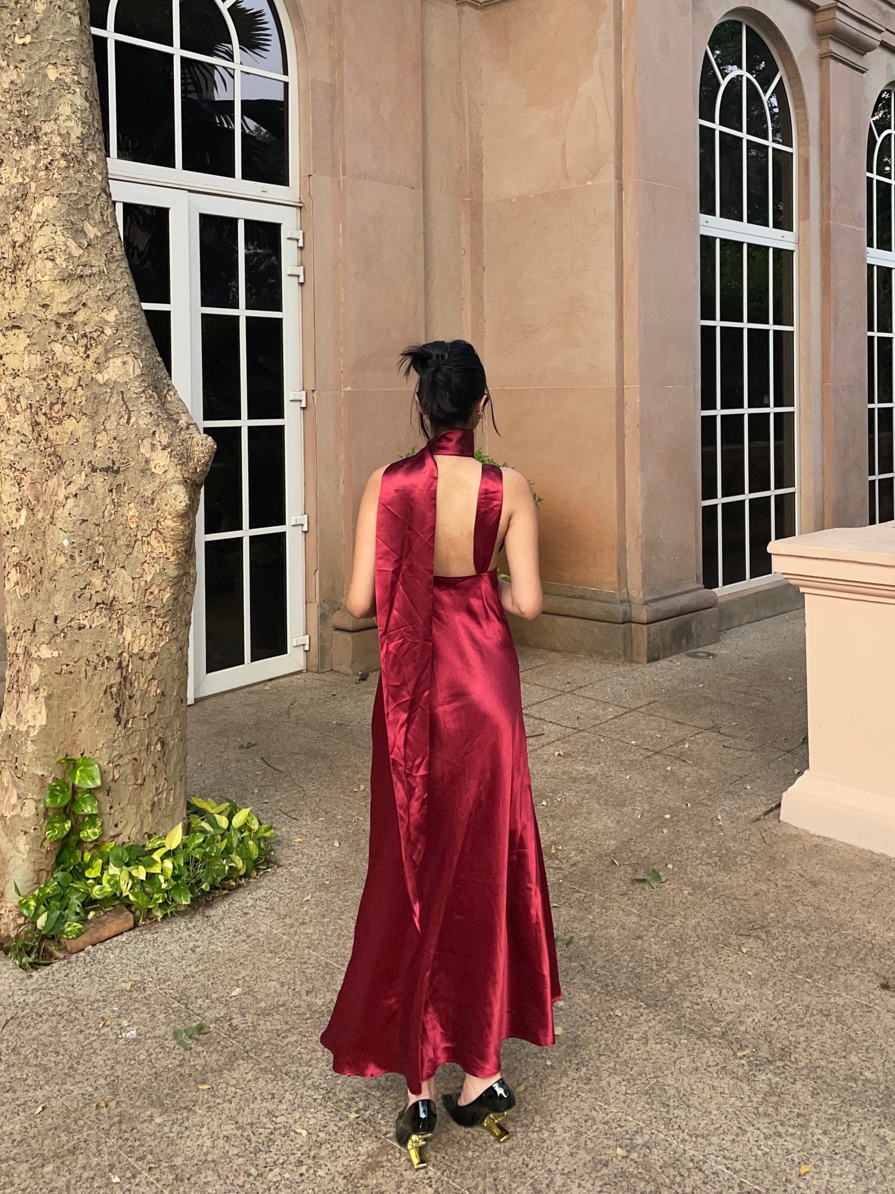 Crimson Allure Deep V Satin Maxi Dress