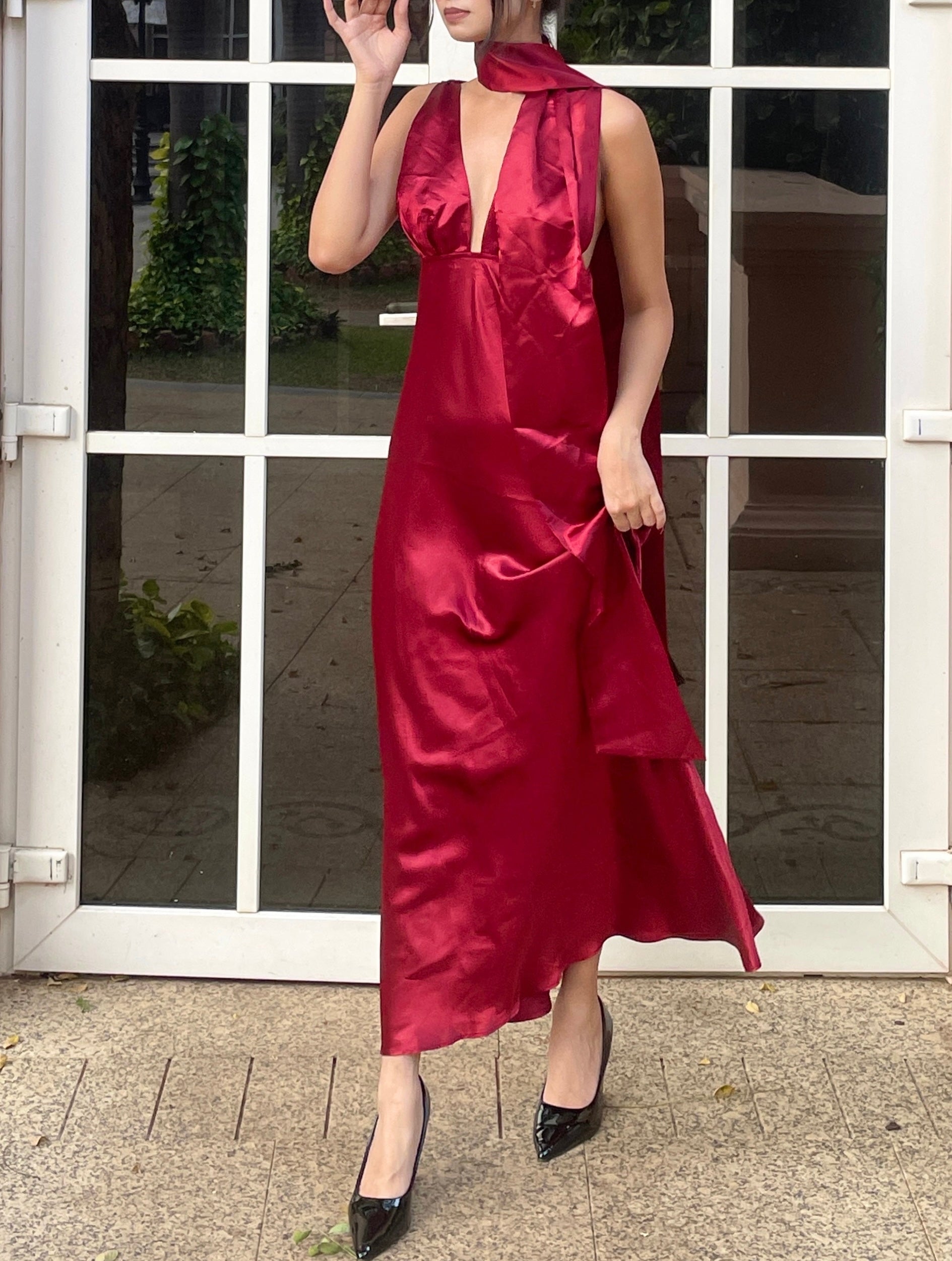 Crimson Allure Deep V Satin Maxi Dress