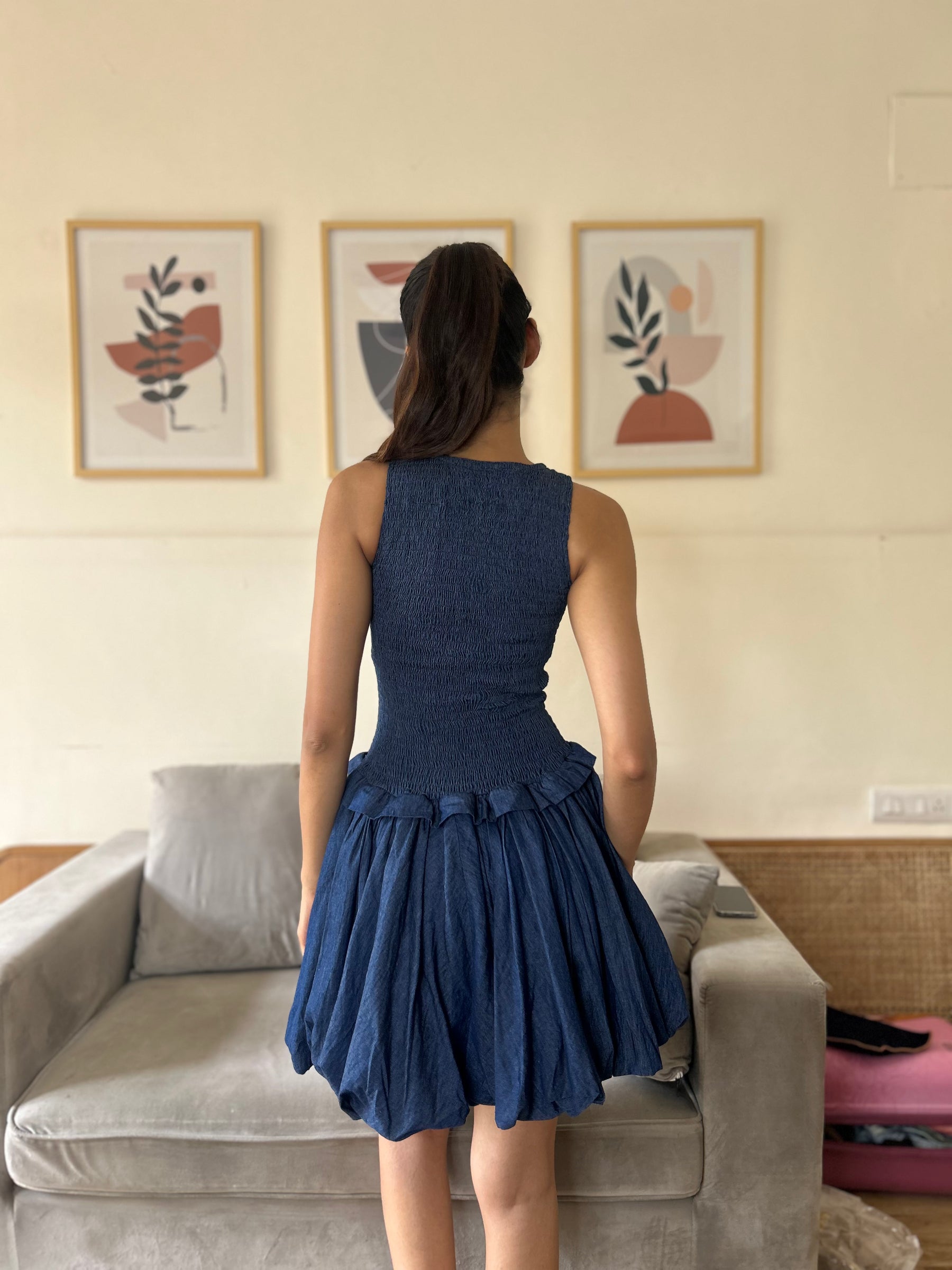 Denim Bubble Hem Mini Dress