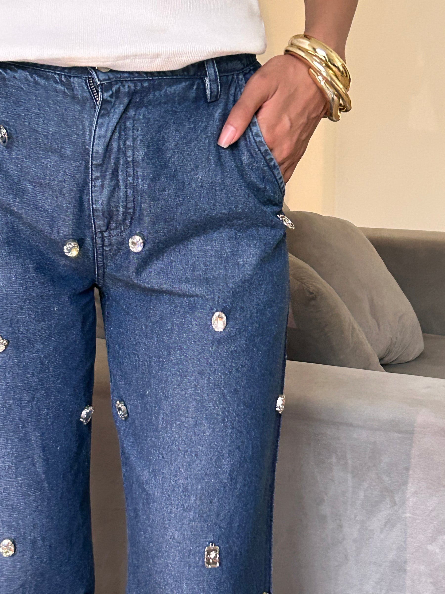 Stainless Steel Charm Denim Straight Jeans