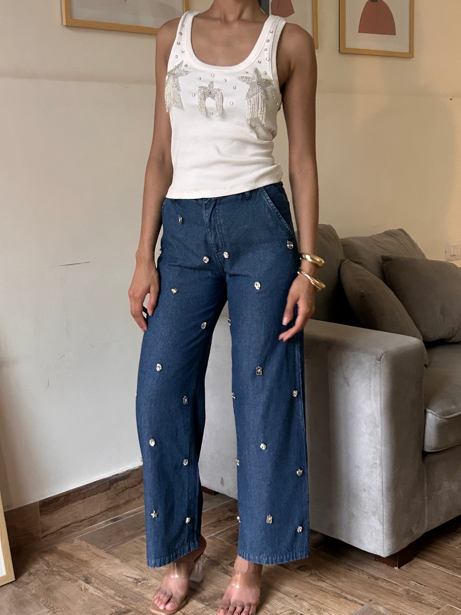 Stainless Steel Charm Denim Straight Jeans