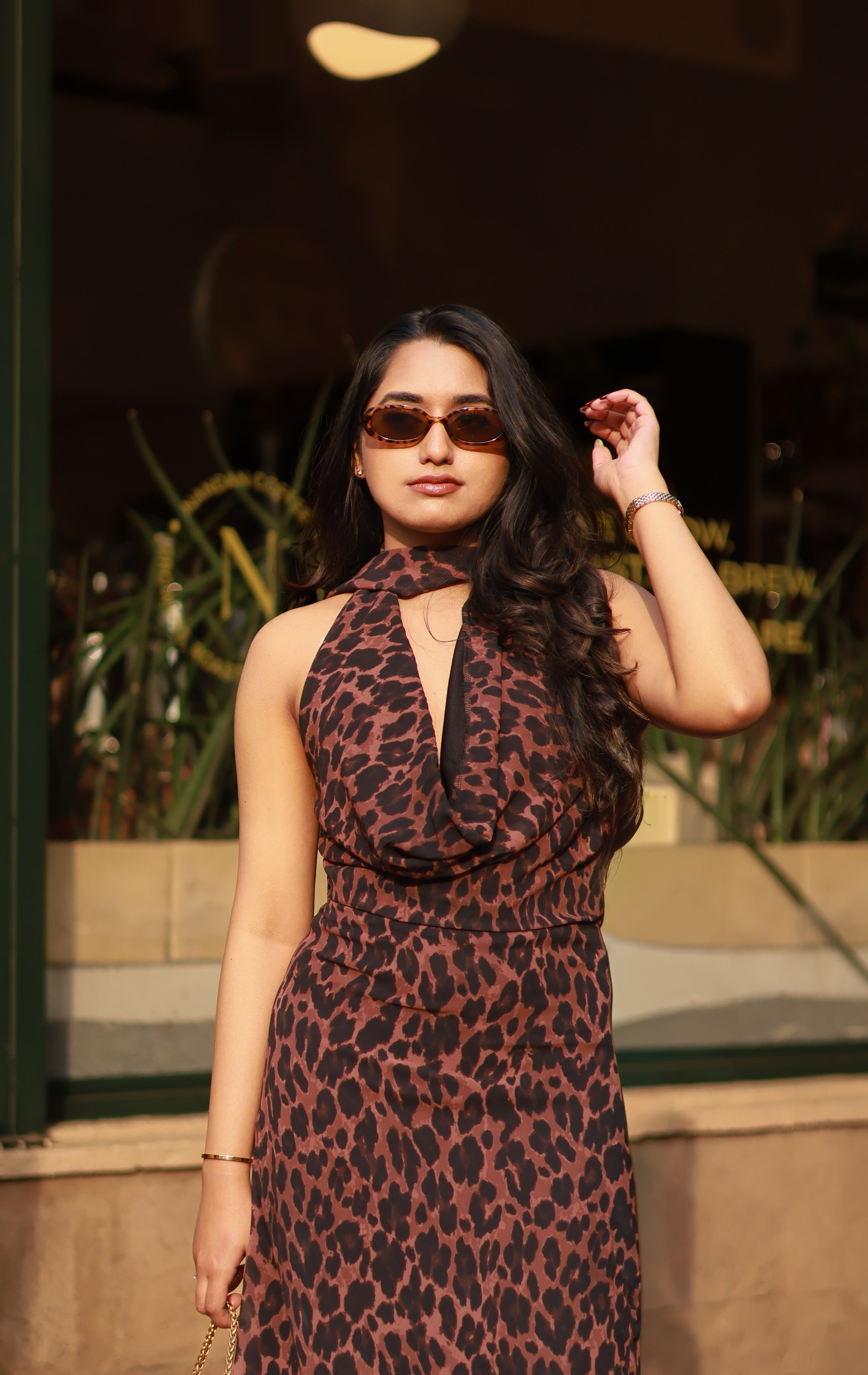 Leopard Print Cowl Neck Maxi Dress With Scarf