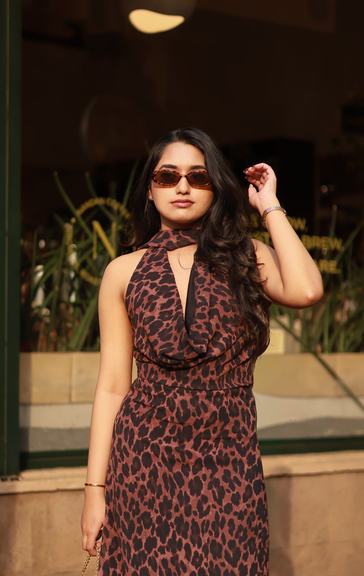 Leopard Print Cowl Neck Maxi Dress With Scarf