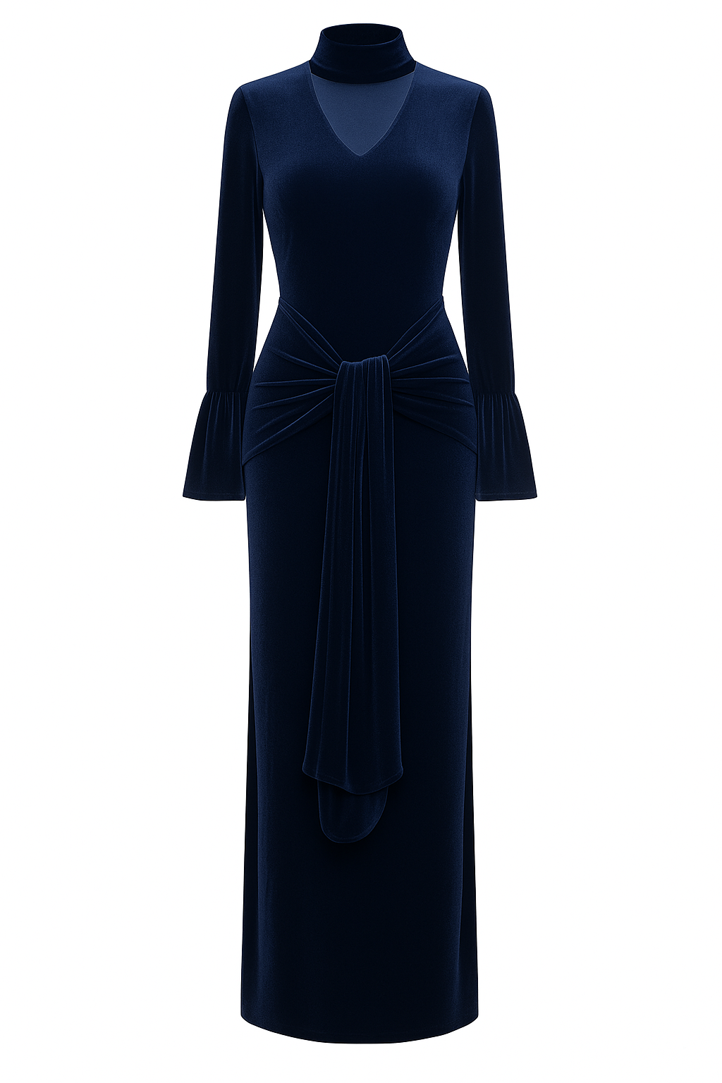 Royal Navy Velvet Dress with Scarf Neck