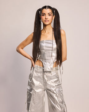 Silver Twill Corset Top and Cargo Pant Set