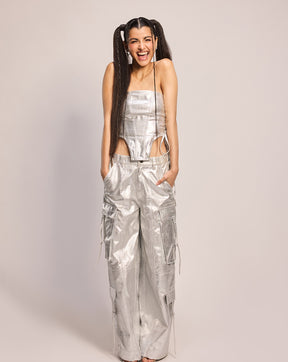 Silver Twill Corset Top and Cargo Pant Set