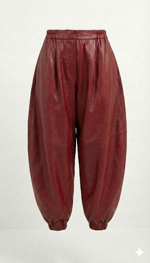 Red Faux Leather Barrel Pants