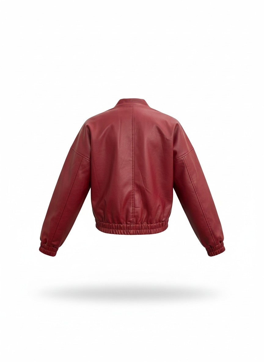 Red Faux Leather Bomber Jacket