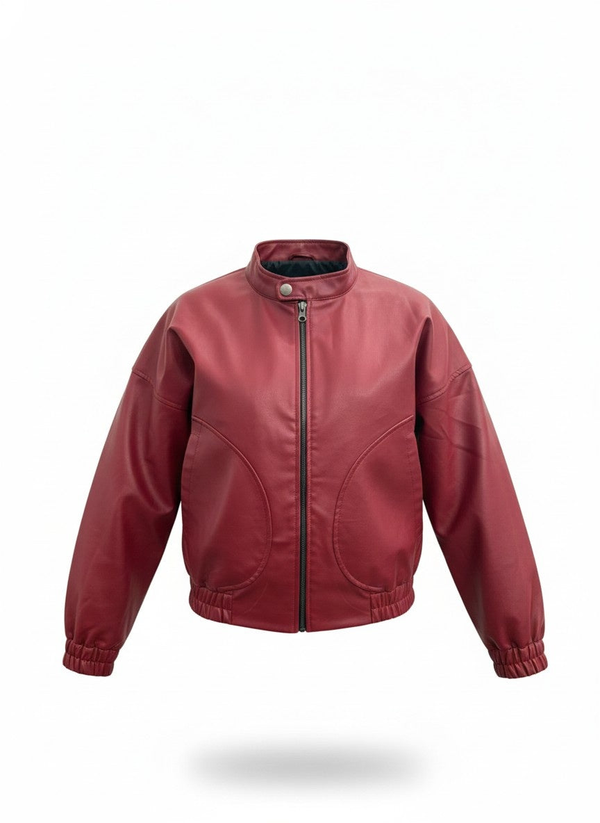 Red Faux Leather Bomber Jacket