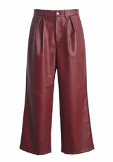 Cherry Red Pleated Leather Wide-Leg Pants