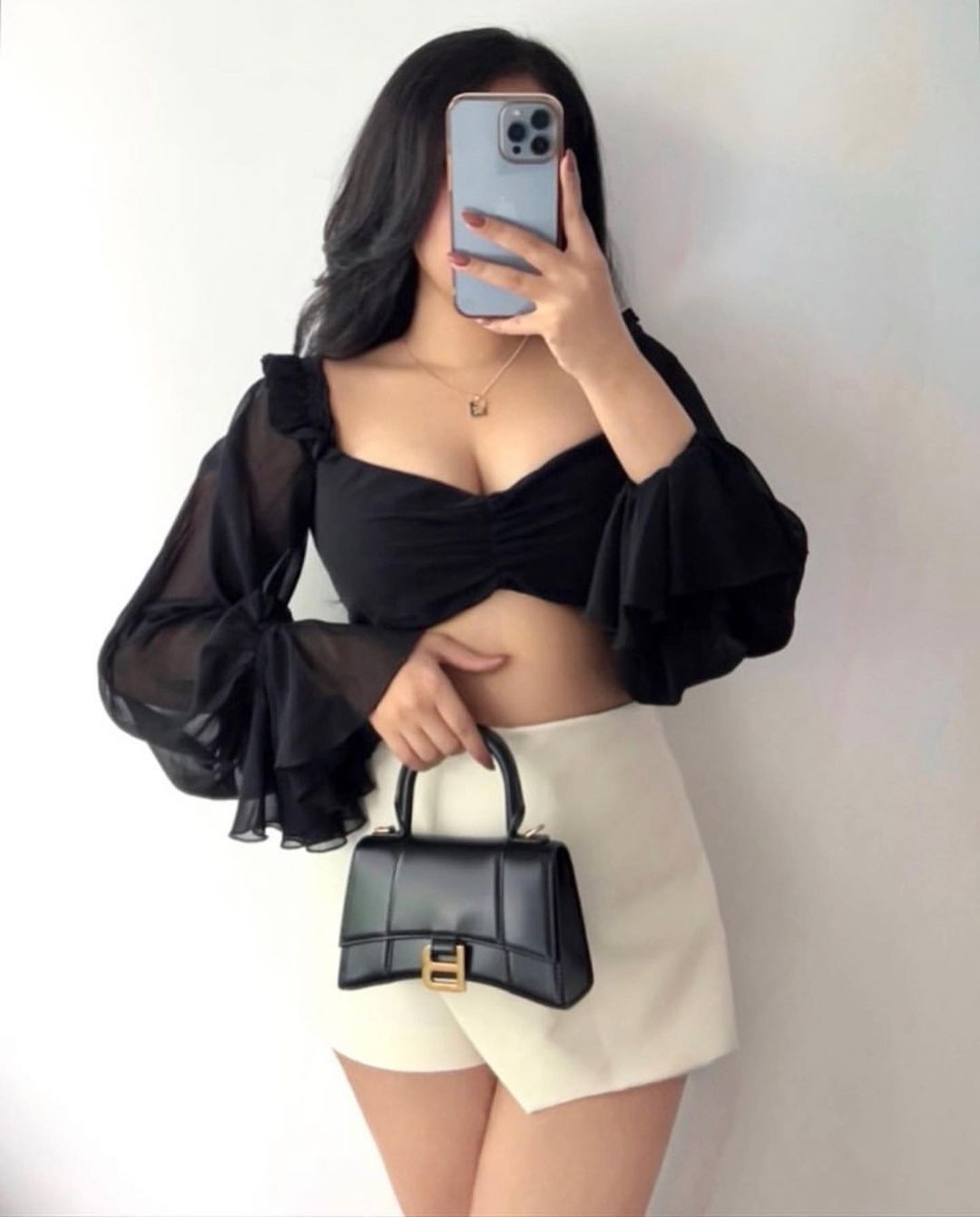 Black Balloon Sheer Sleeves Crop Top with Frills