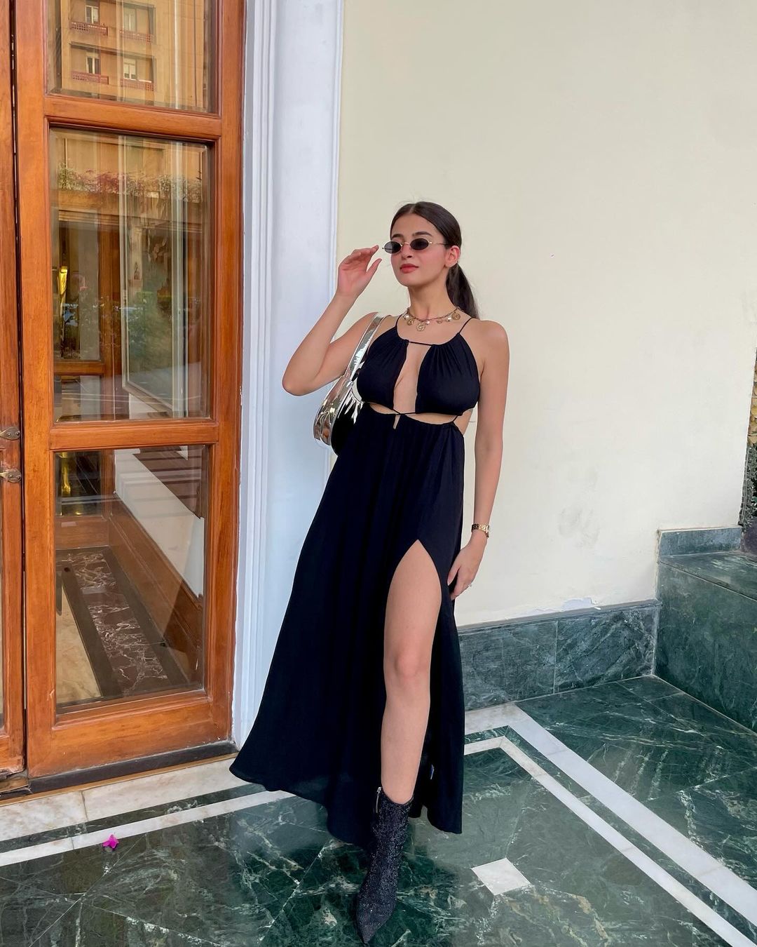 Black Halter Neck Drawstring Tie-Up Long Slit Dress Black Halter Neck Drawstring Tie-Up Long Slit Dress