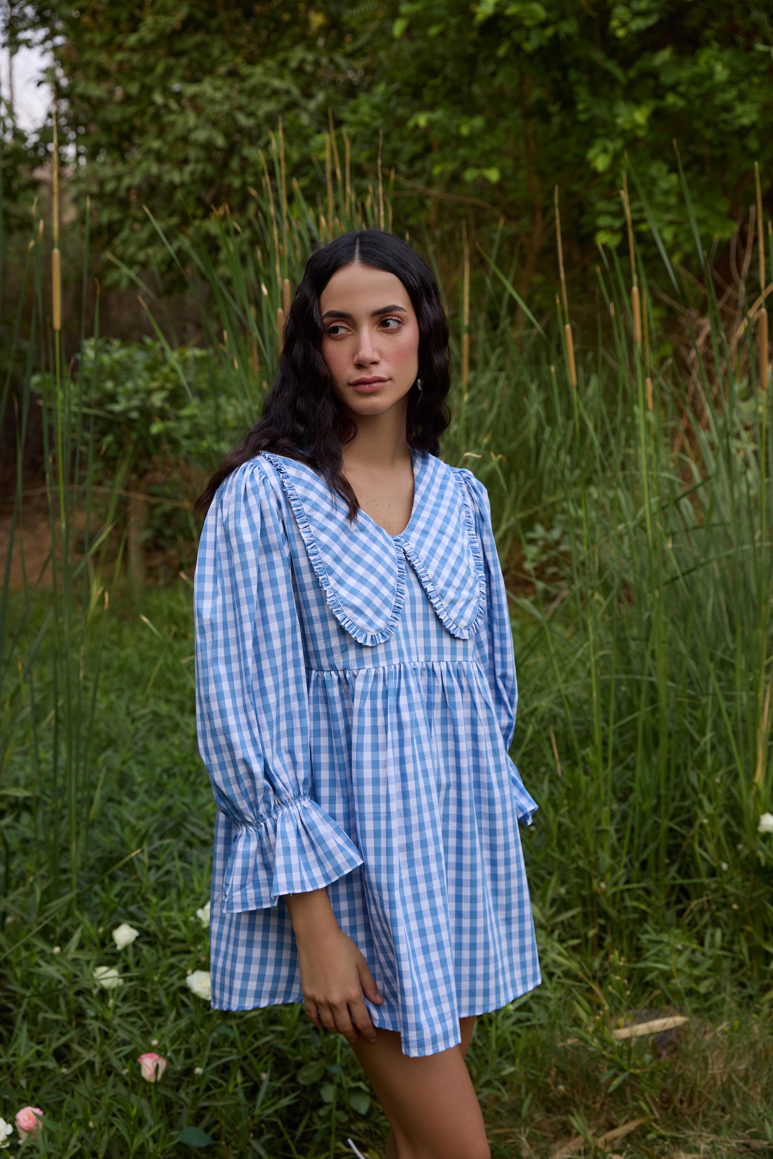 Blue Checked Flared Mini Dress