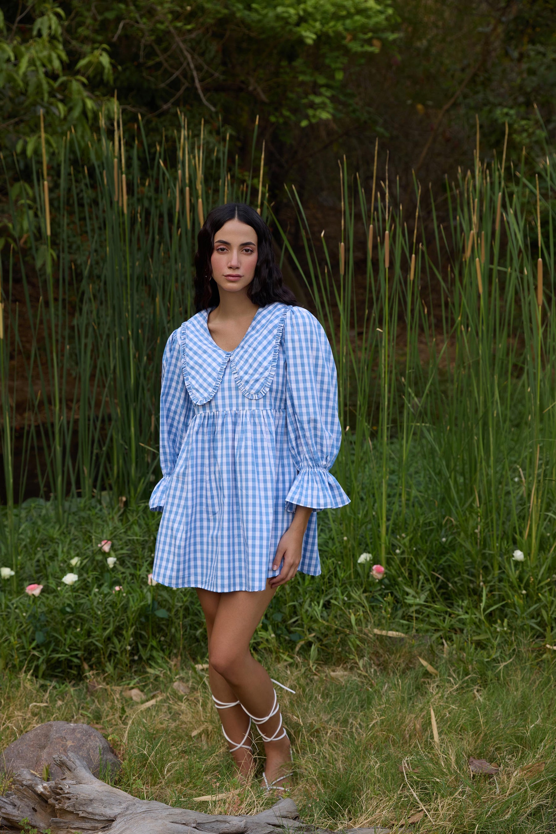 blue check mini dress ASOS Design long sleeve cinched Mini Dress in Blue plaid-Multi