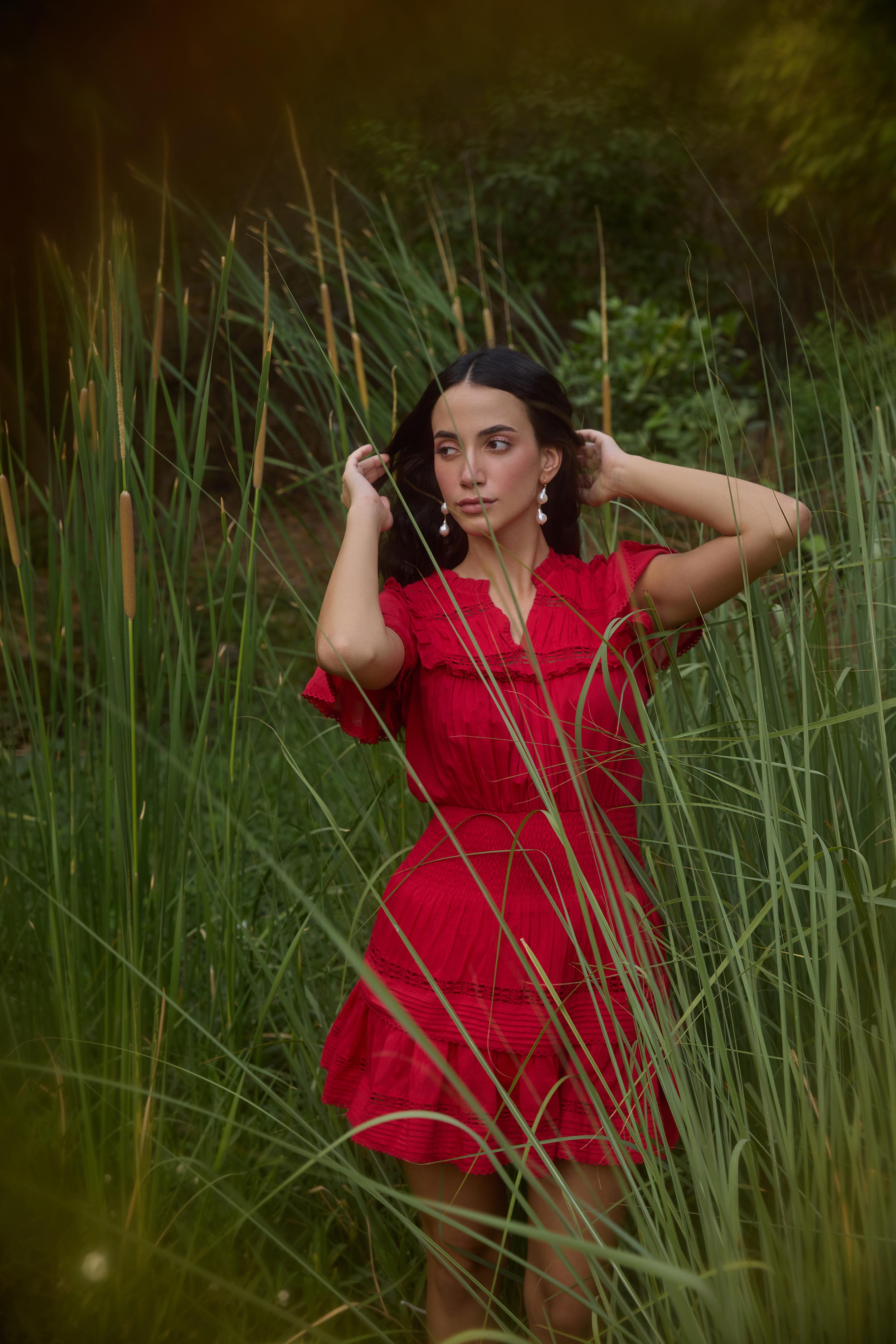 Red Smocked-Waist Mini Dress