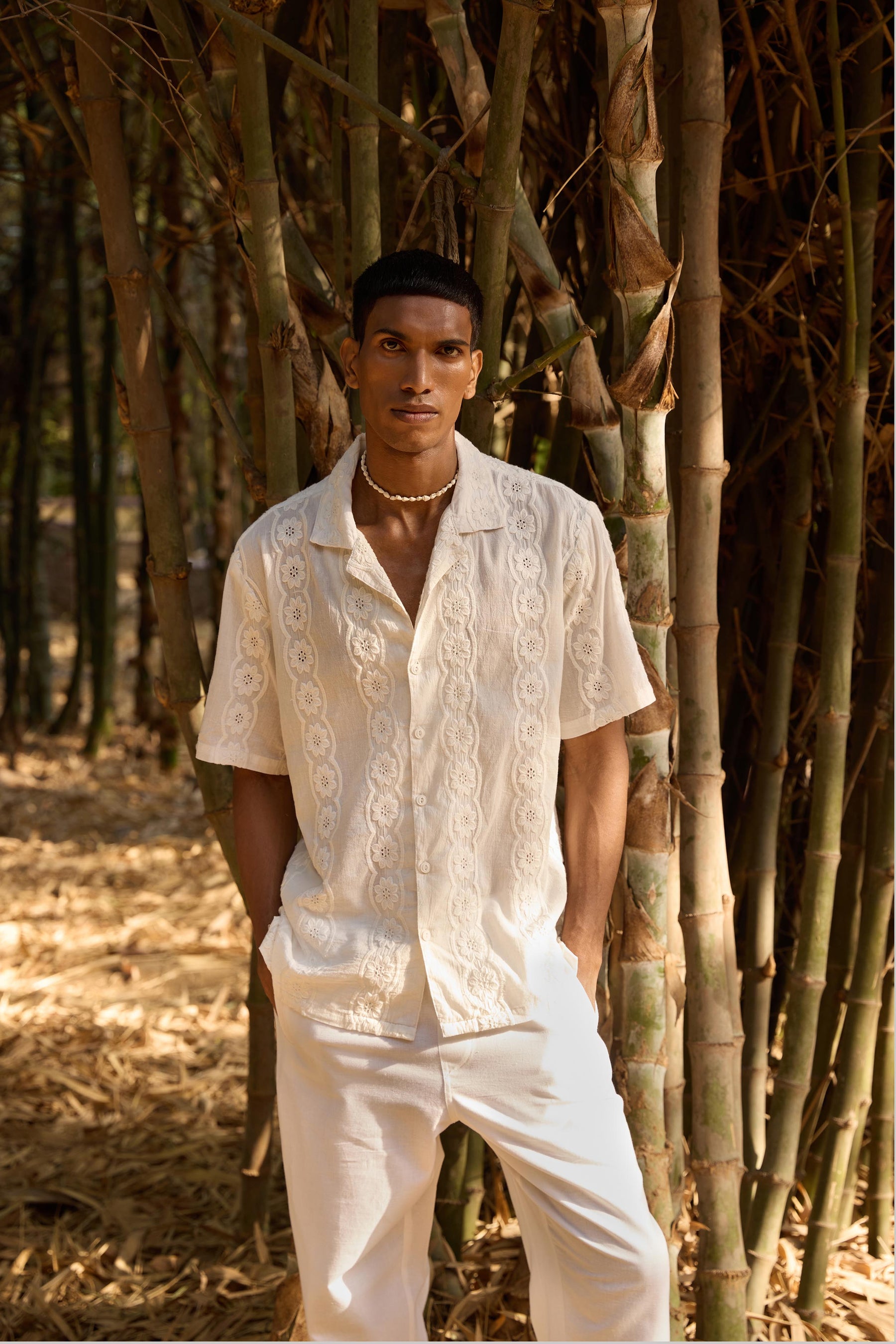 White Floral Stripes Embroidered Shirt