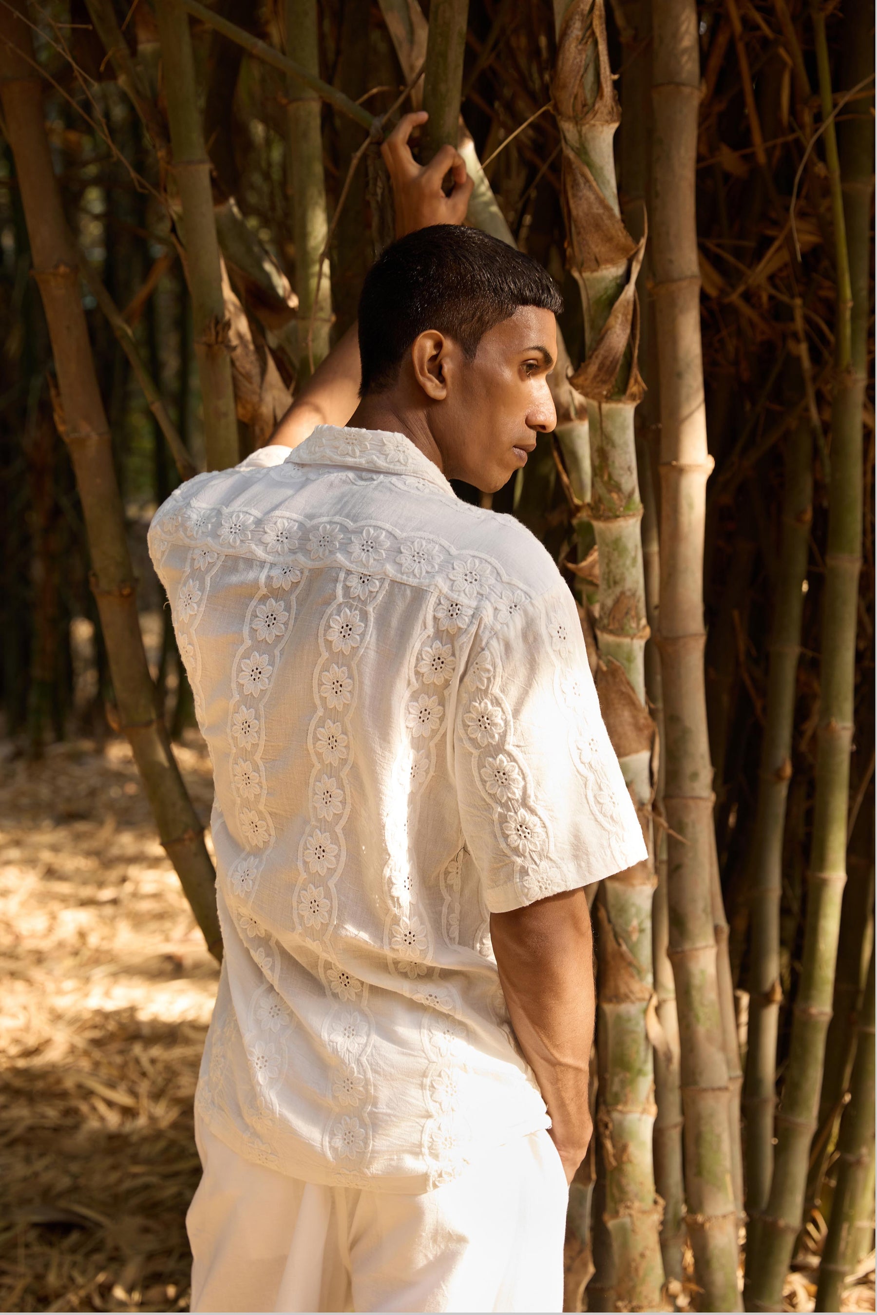 White Floral Stripes Embroidered Shirt