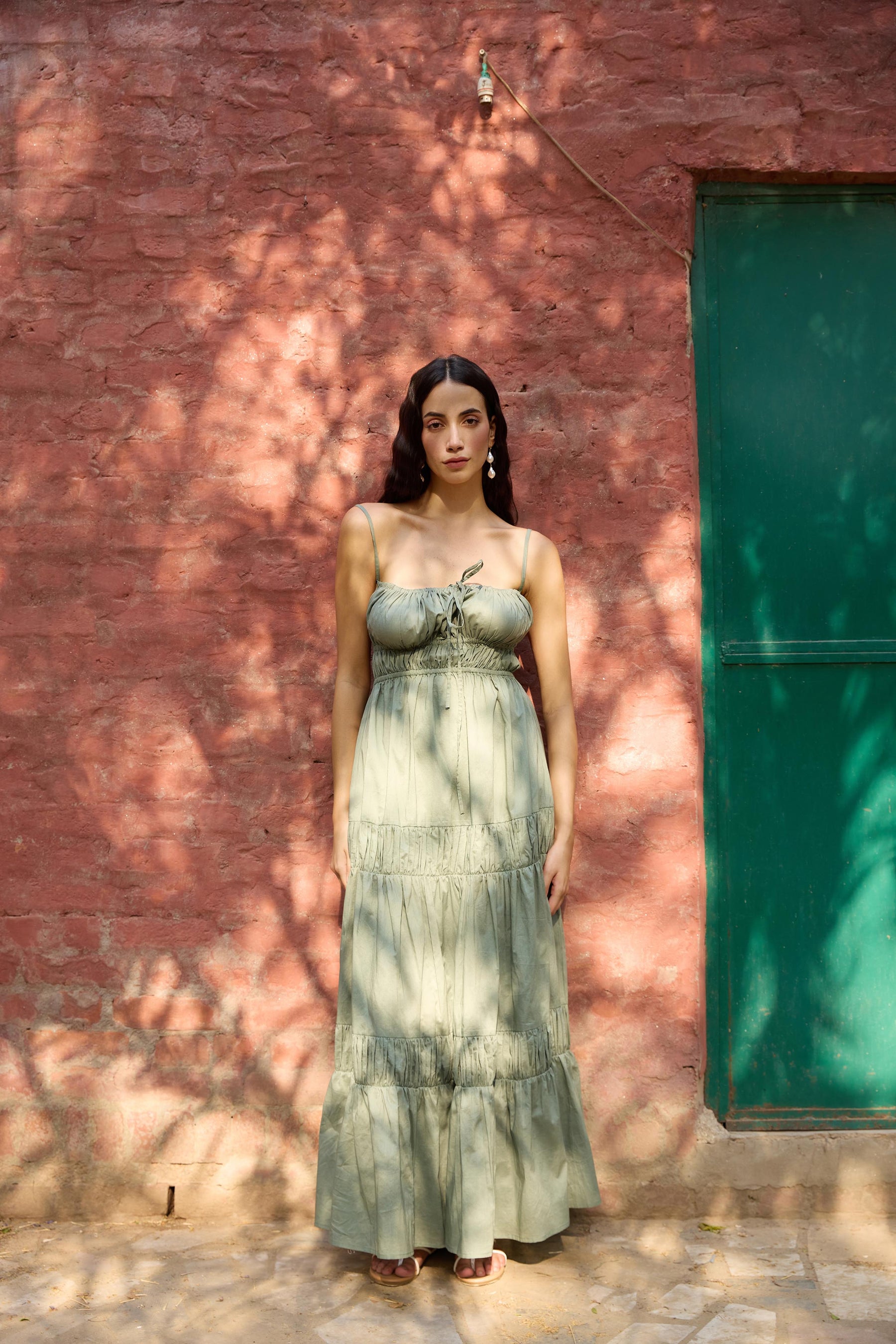 Green Gathered Maxi Dress