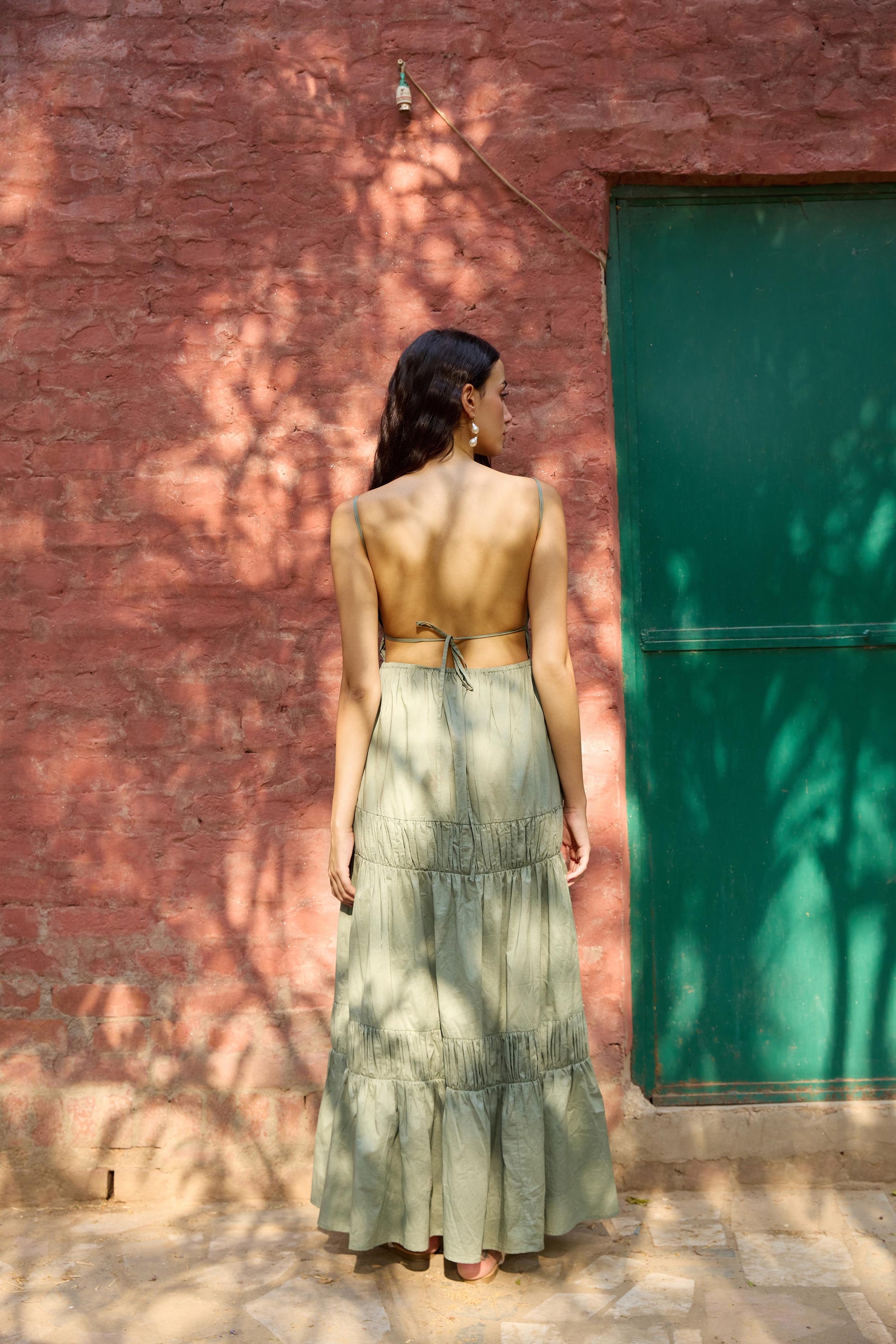 Green Gathered Maxi Dress