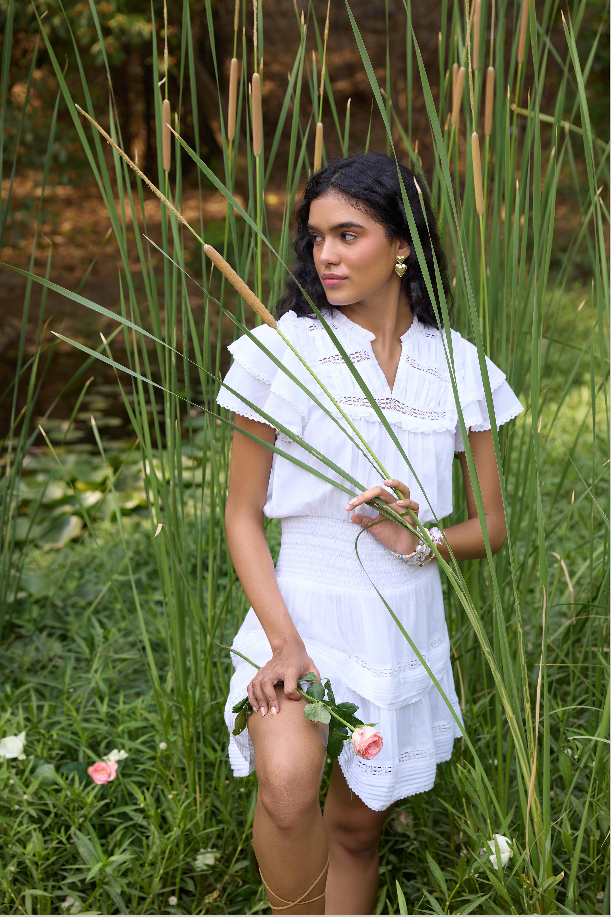 White Smocked-Waist Mini Dress