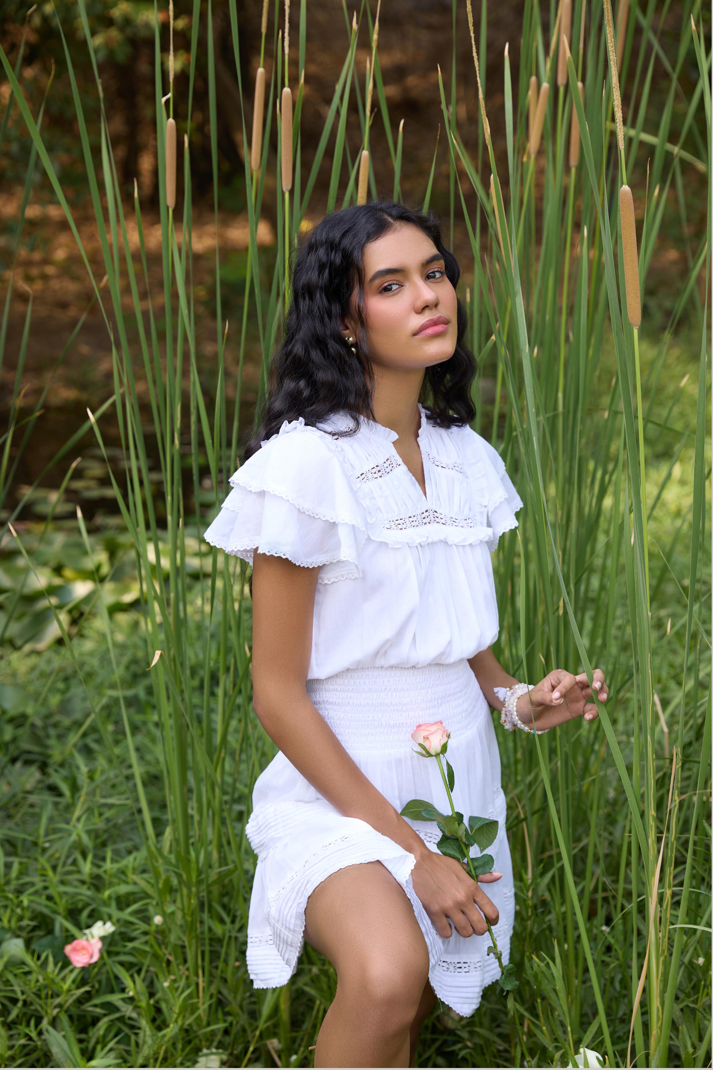 White Smocked-Waist Mini Dress